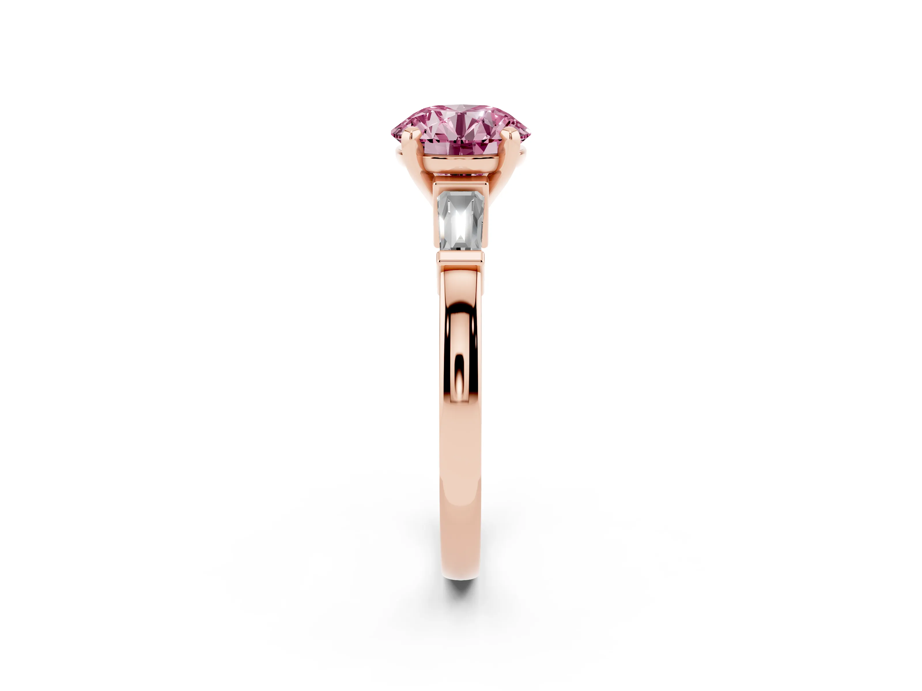 Fancy Pink Round Cut Diamond Solitaire Ring Set in Rose gold with Tapered Baguette Accents and Prong Setting
