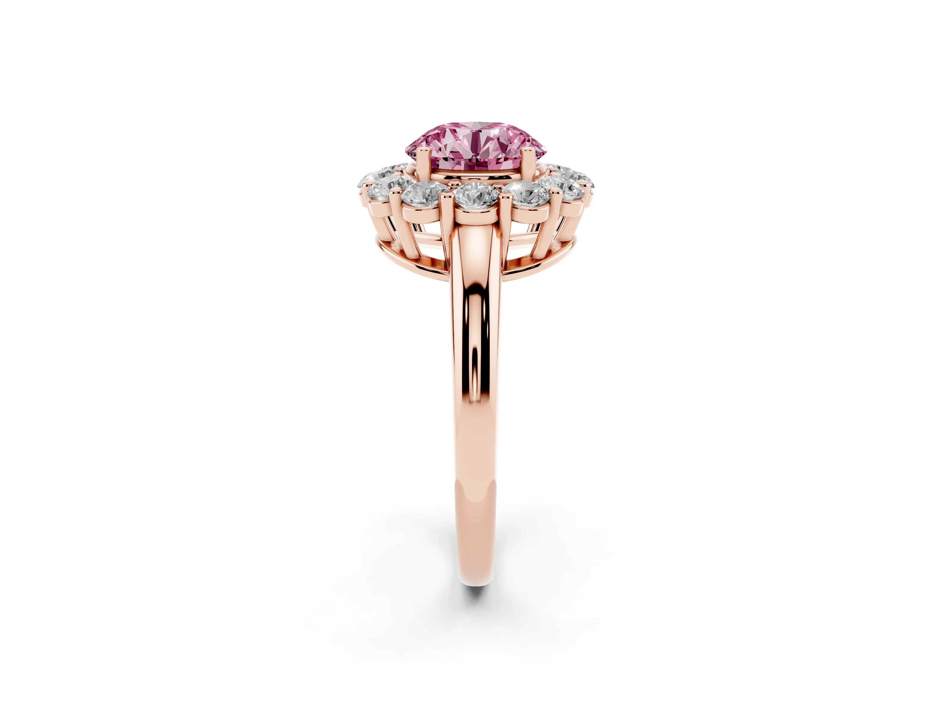 Fancy Pink Round Cut Diamond Halo Cluster Engagement Ring Set in Rose gold with Polished Band and Prong Setting