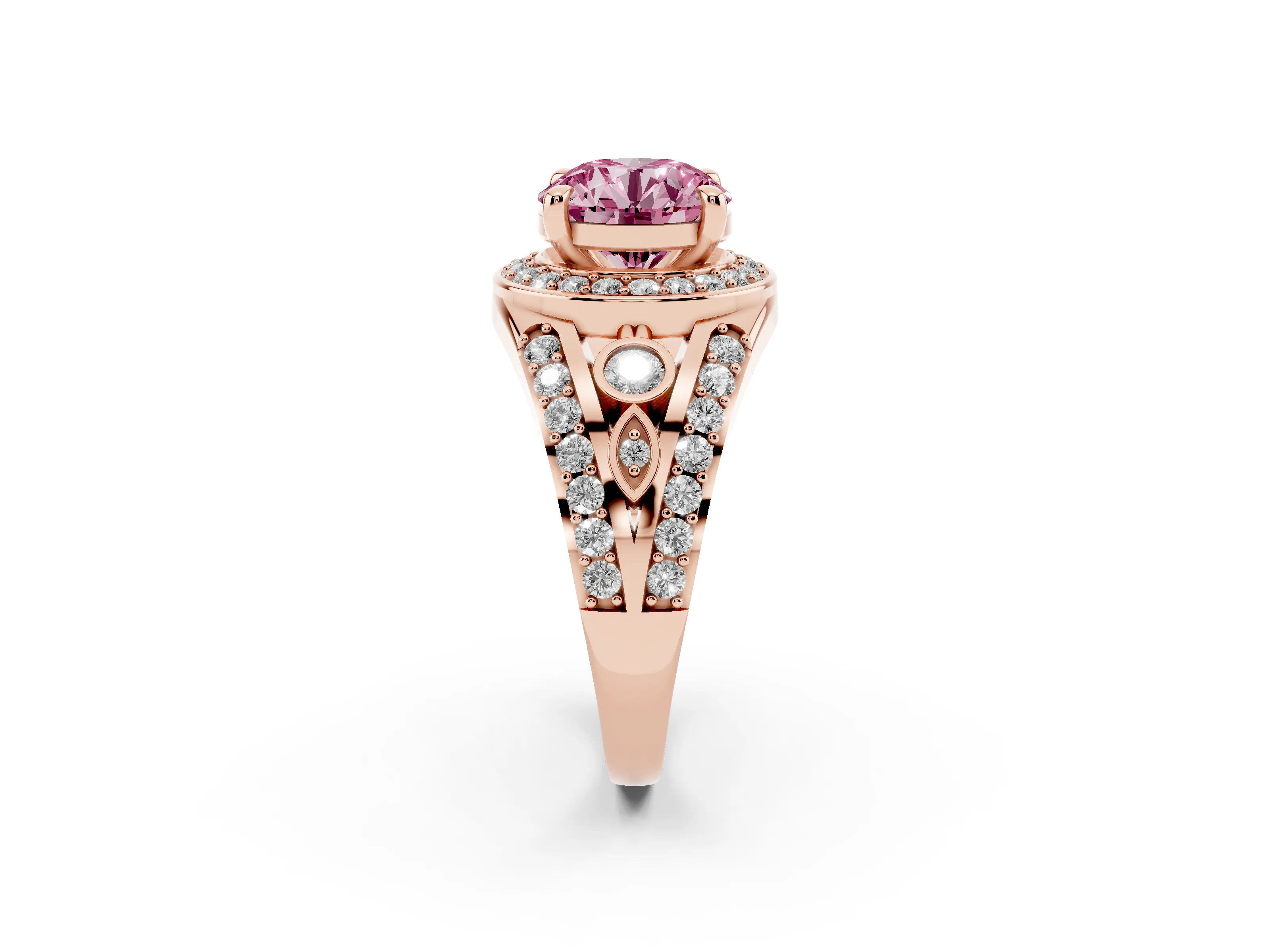Fancy Pink Round Cut Diamond Halo Ring Set in Rose gold with Pavé Split Shank and Bezel Accents