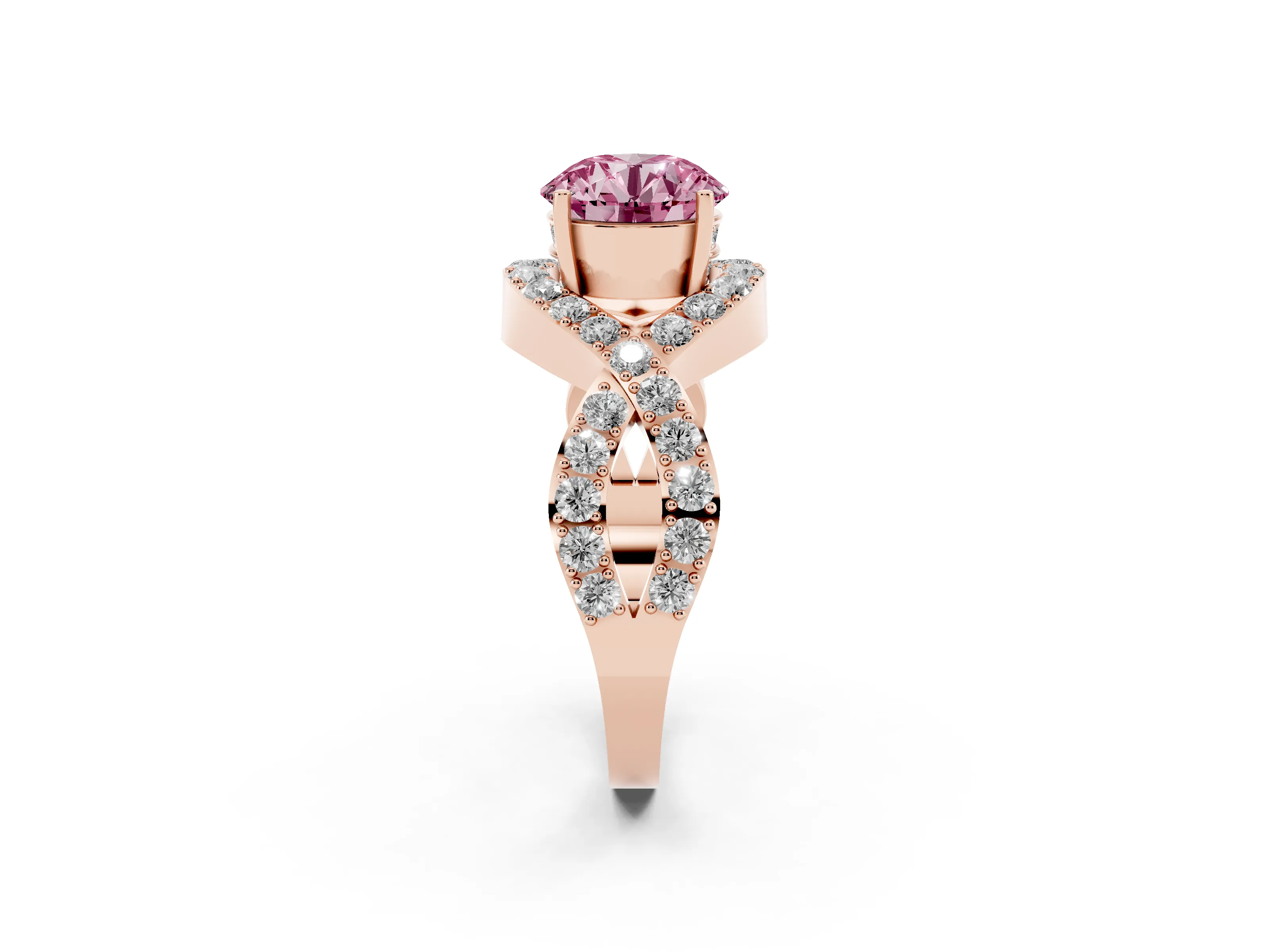 Fancy Pink Round Cut Diamond Solitaire Twist Band Pavé Engagement Ring Set in Rose gold
