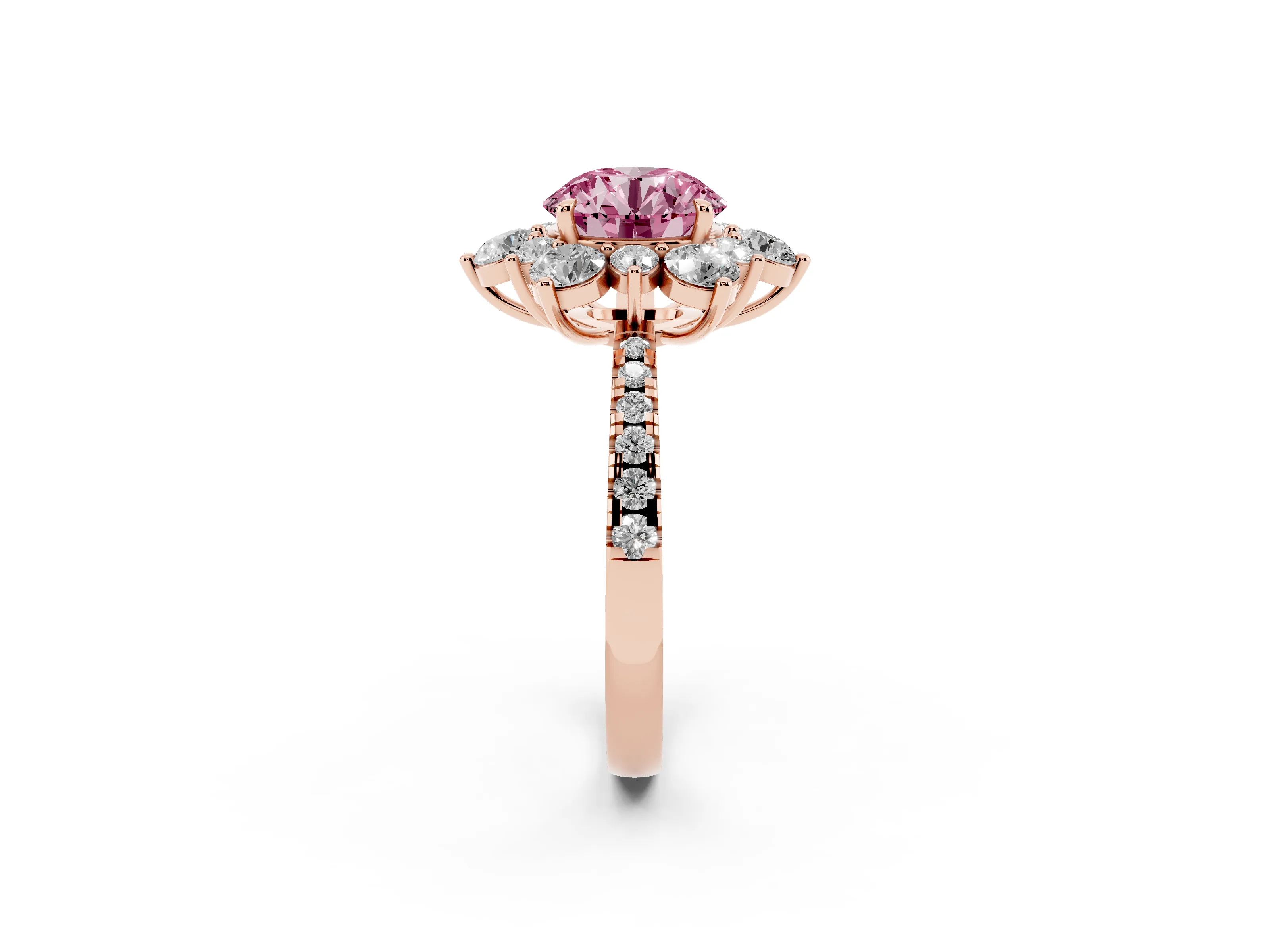 Fancy Pink Round Cut Diamond Floral Halo Ring Set in Rose gold with Round Pavé Band and Prong Setting