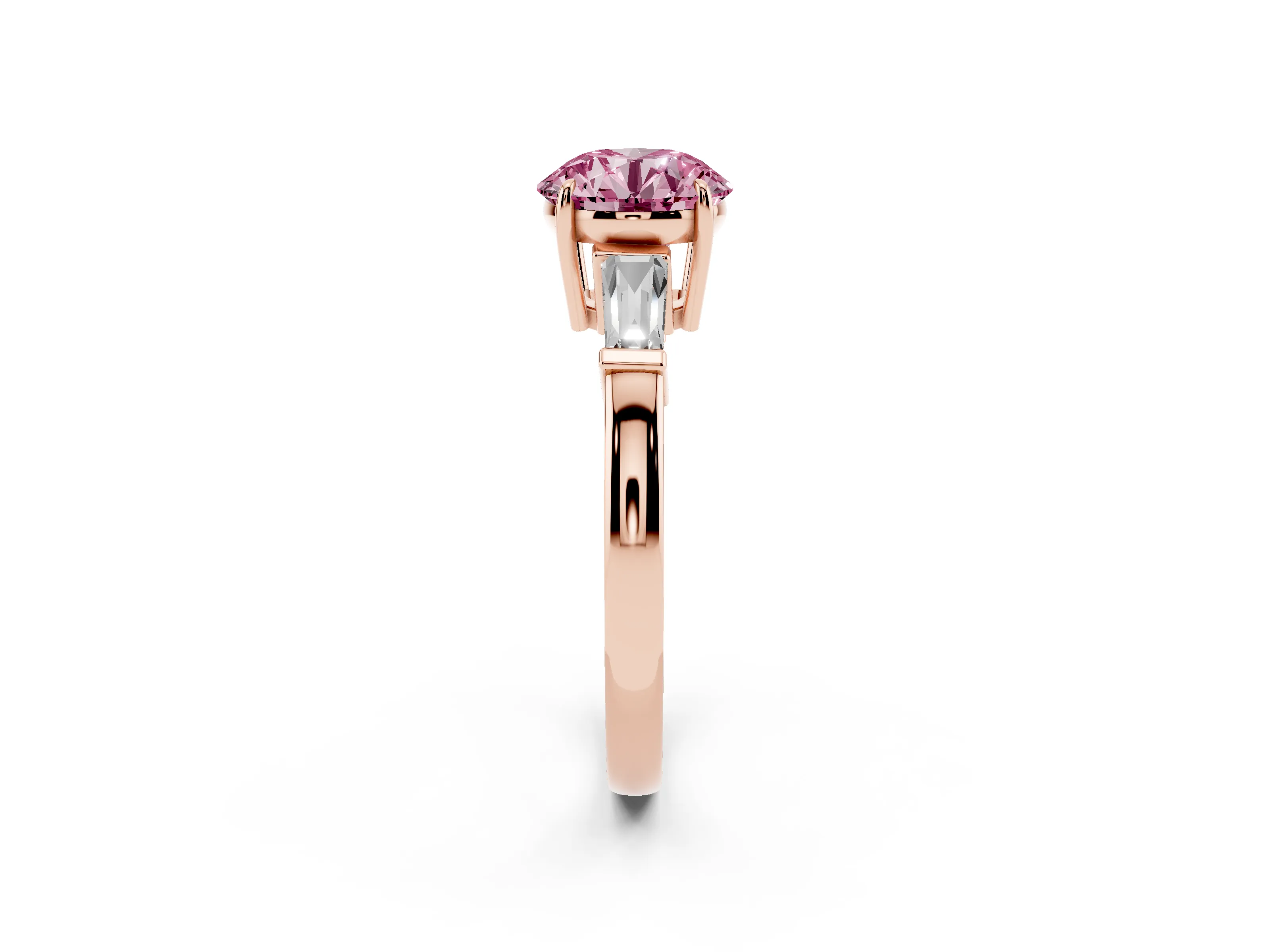Fancy Pink Round Cut Diamond Three-Stone Ring Set in Rose gold with Tapered Baguette Side Stones and Prong Setting