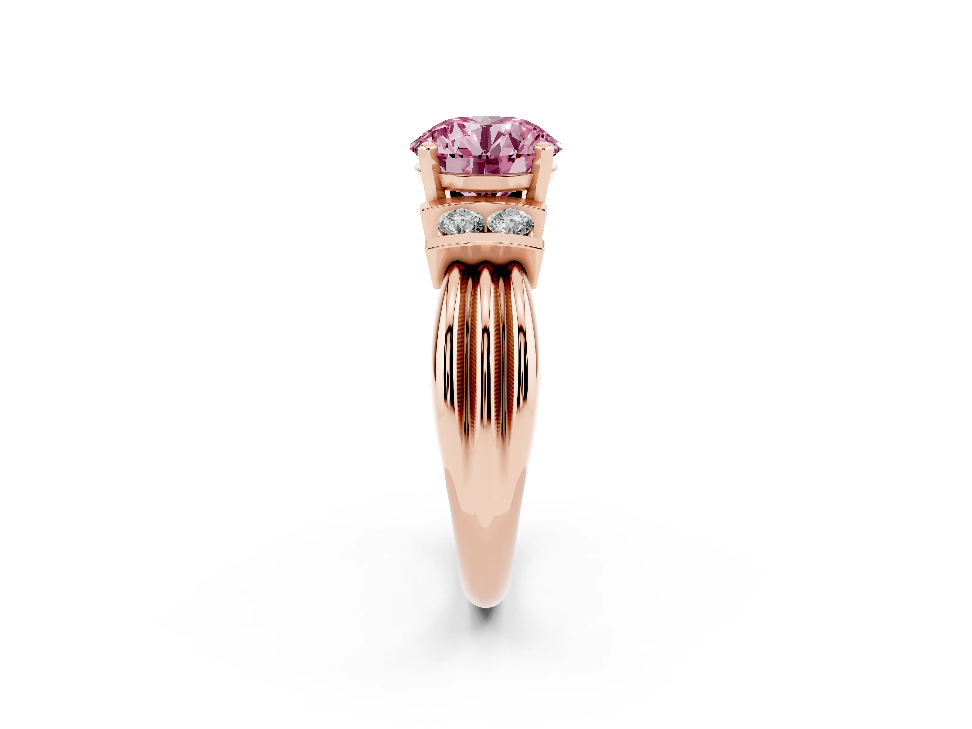 Fancy Pink Three-Stone Round Cut Diamond Channel Set Ring Set in Rose gold with Bar Prongs