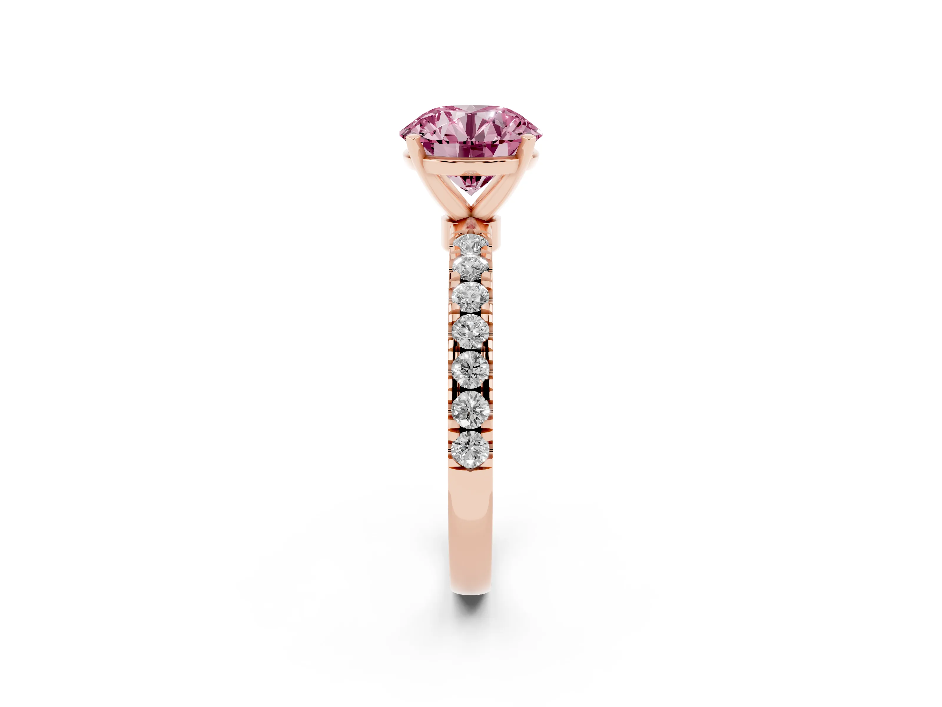 Fancy Pink Round Cut Diamond Solitaire Ring Set in Rose gold with Pavé Accents and Prong Setting