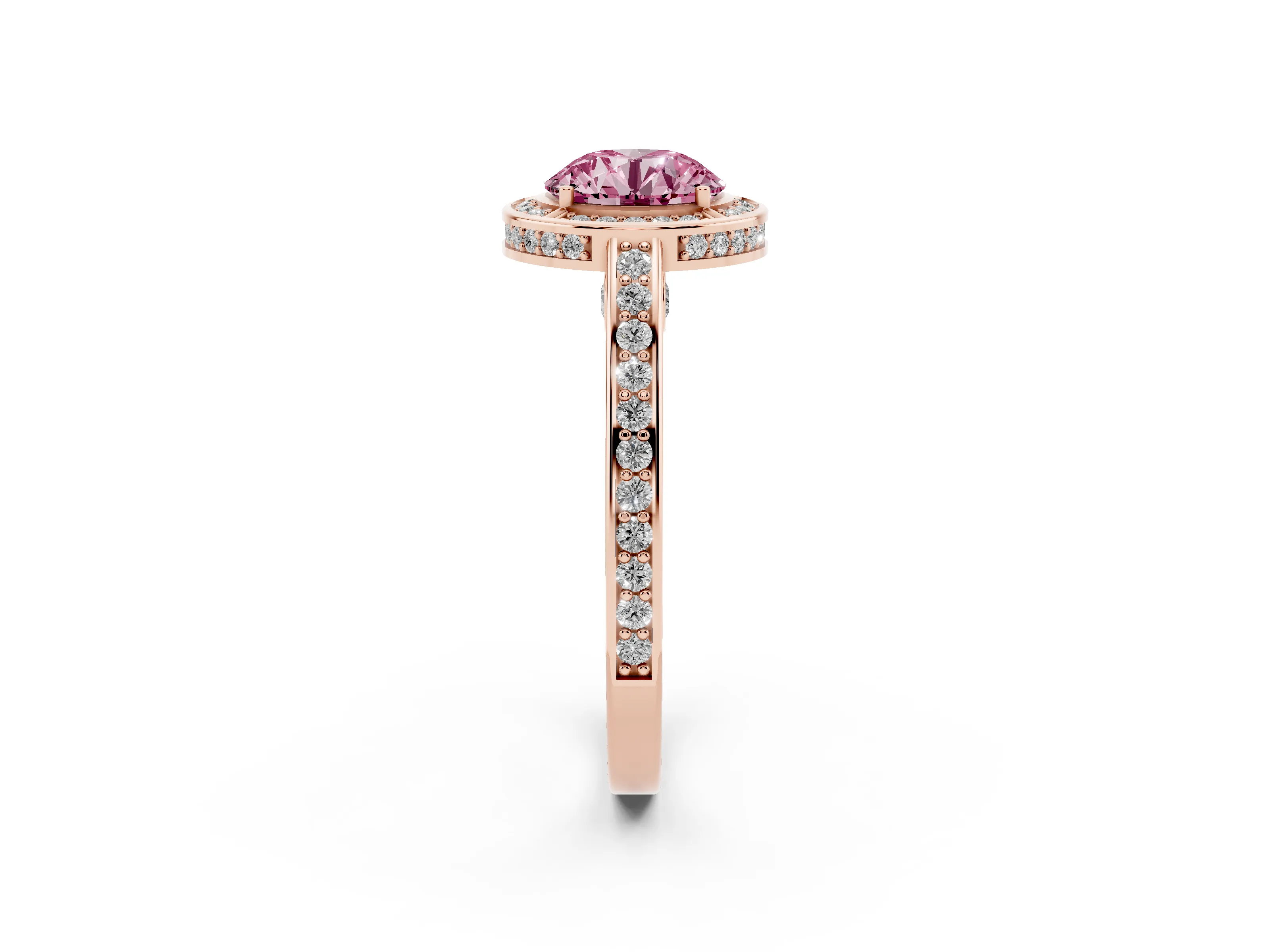 Fancy Pink Round Cut Diamond Halo Pavé Split Shank Ring Set in Rose gold with Prong Setting