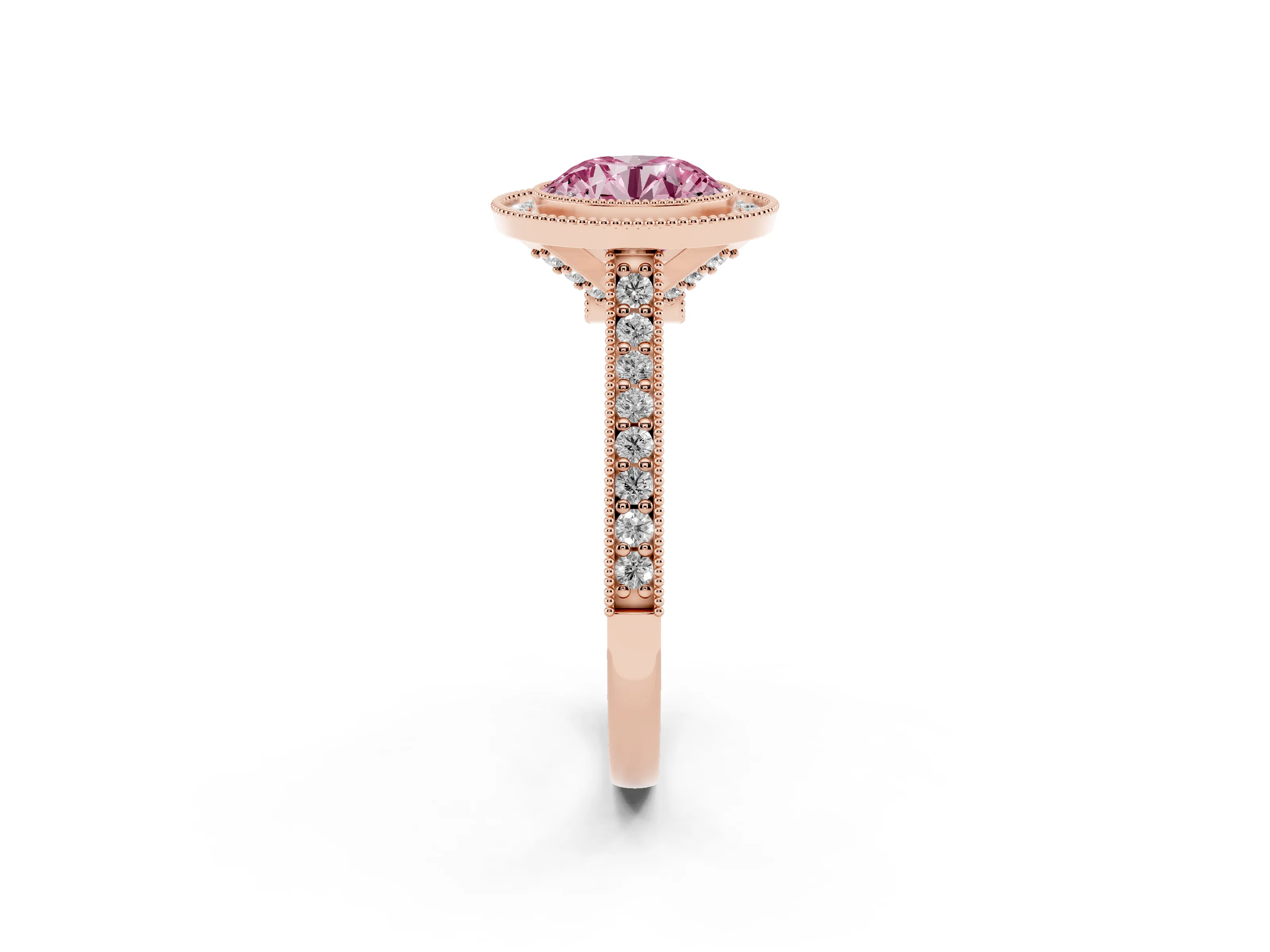 Fancy Pink Round Cut Diamond Halo Milgrain Pavé Band Ring Set in Rose gold with Prong Setting