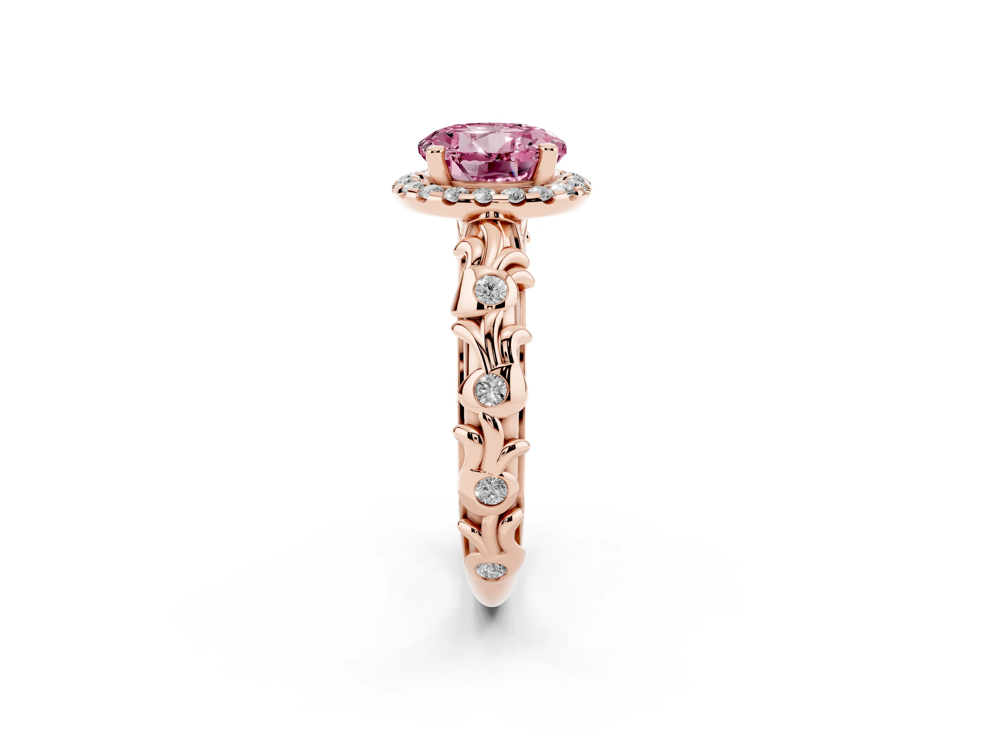 Fancy Pink Round Cut Diamond Halo Ring Set in Rose gold with Filigree Leaf Band and Prong Setting