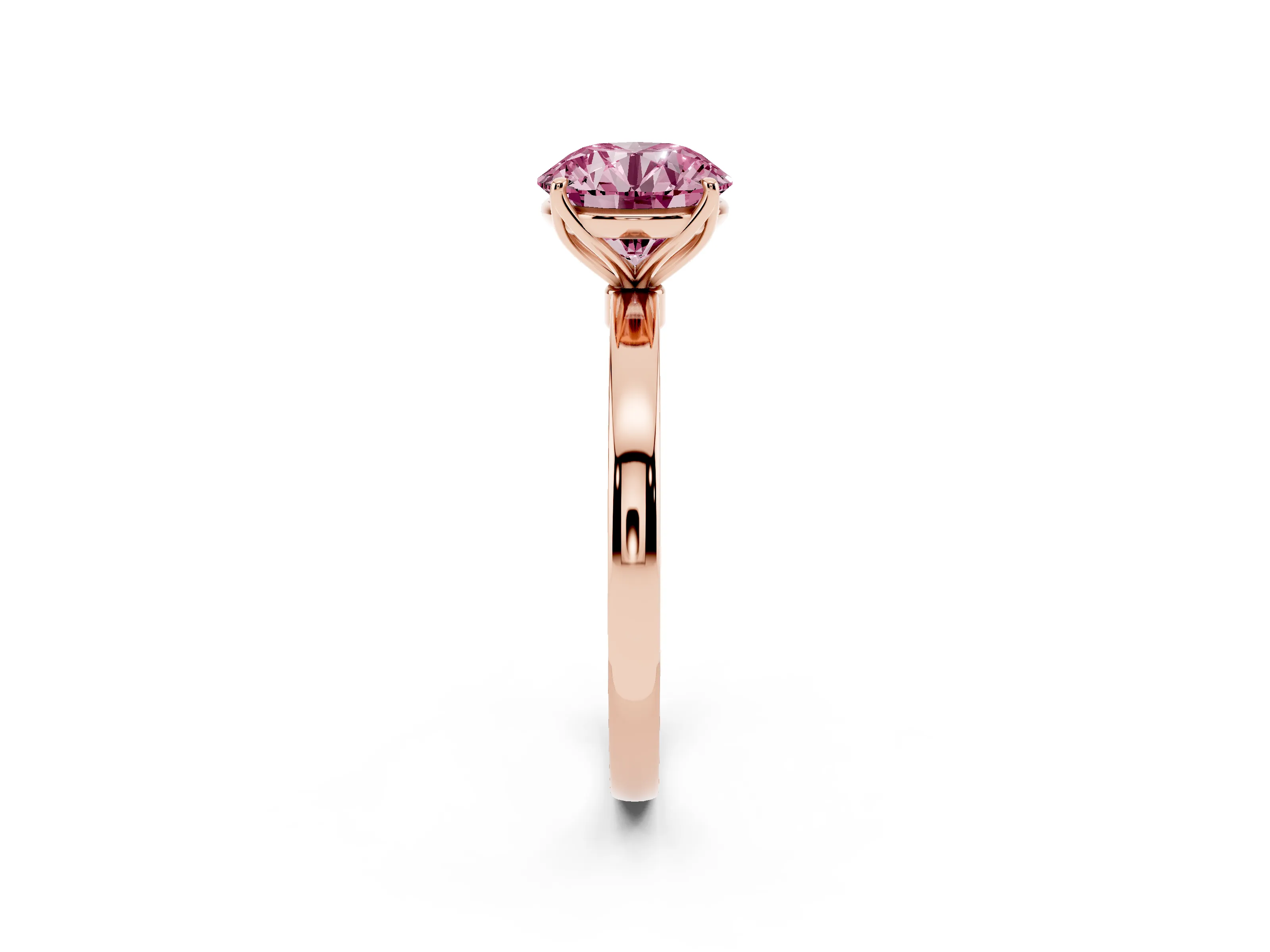 Fancy Pink Round Cut Diamond Solitaire Ring Set in Rose gold with Prong Setting and Thin Polished Band