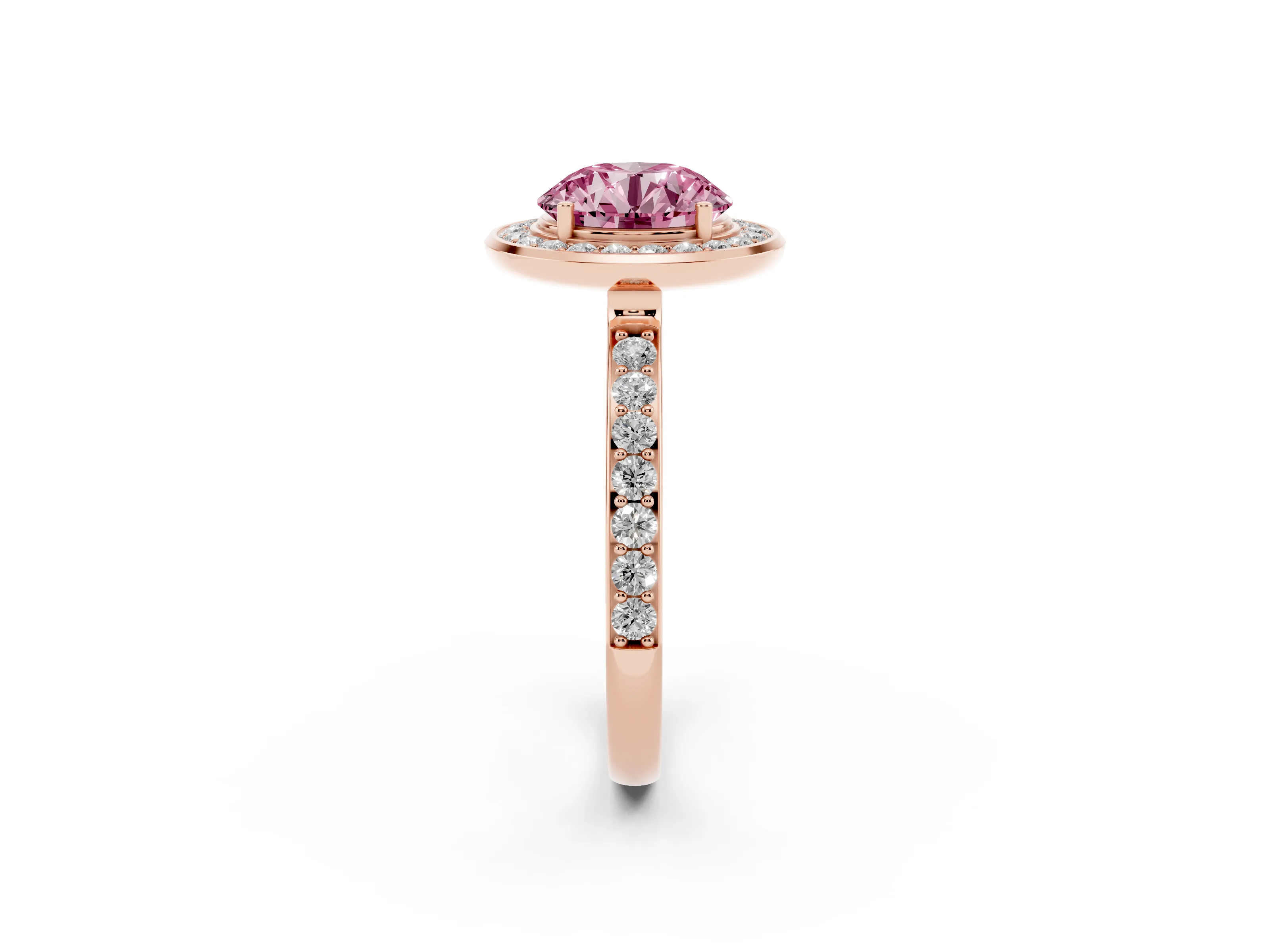 Fancy Pink Round Cut Diamond Halo Ring Set in Rose gold with Bezel Frame and Pavé Band