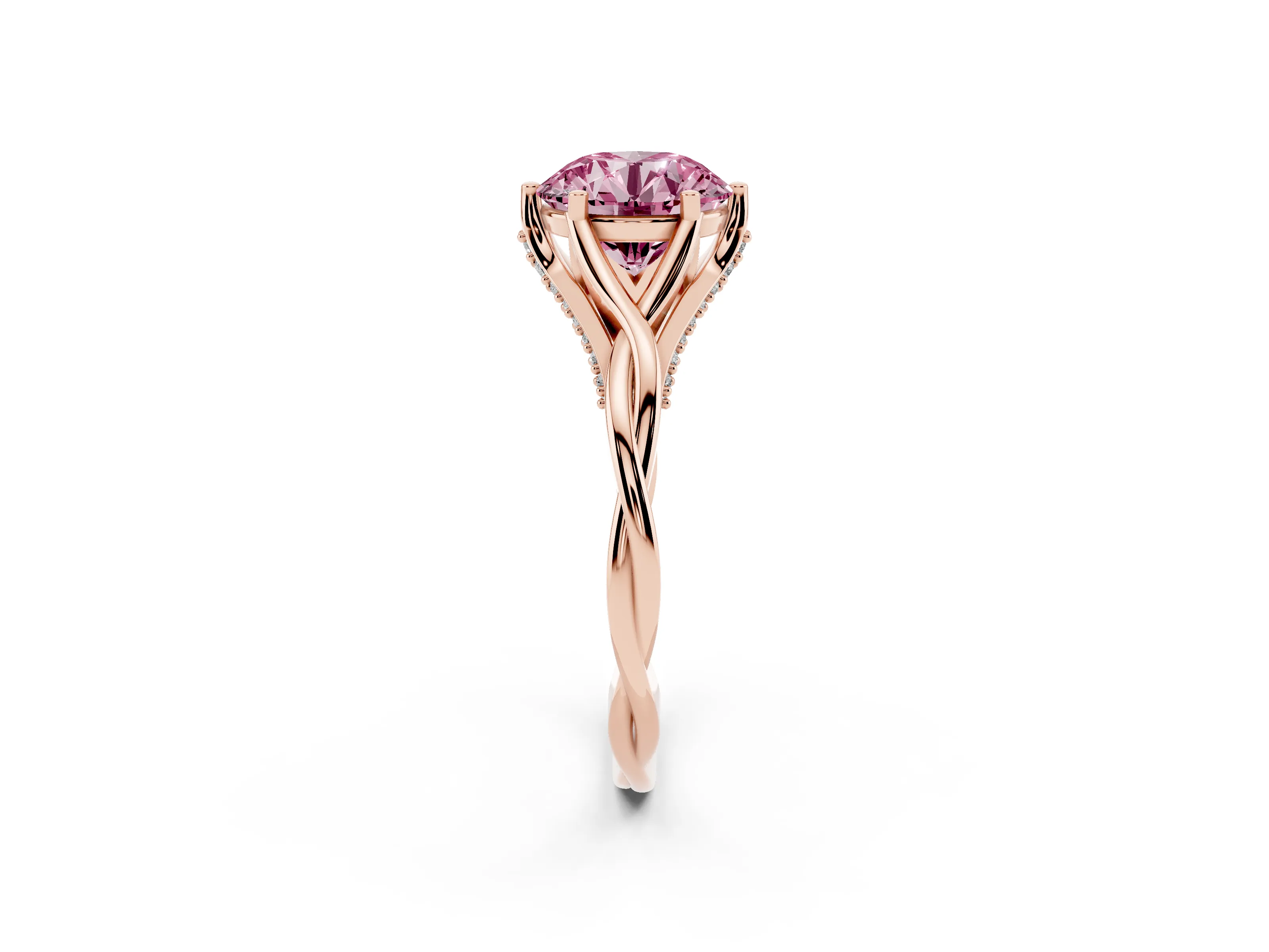 Fancy Pink Round Cut Diamond Intertwined Twist Band Solitaire Ring Set in Rose gold with Prong Setting