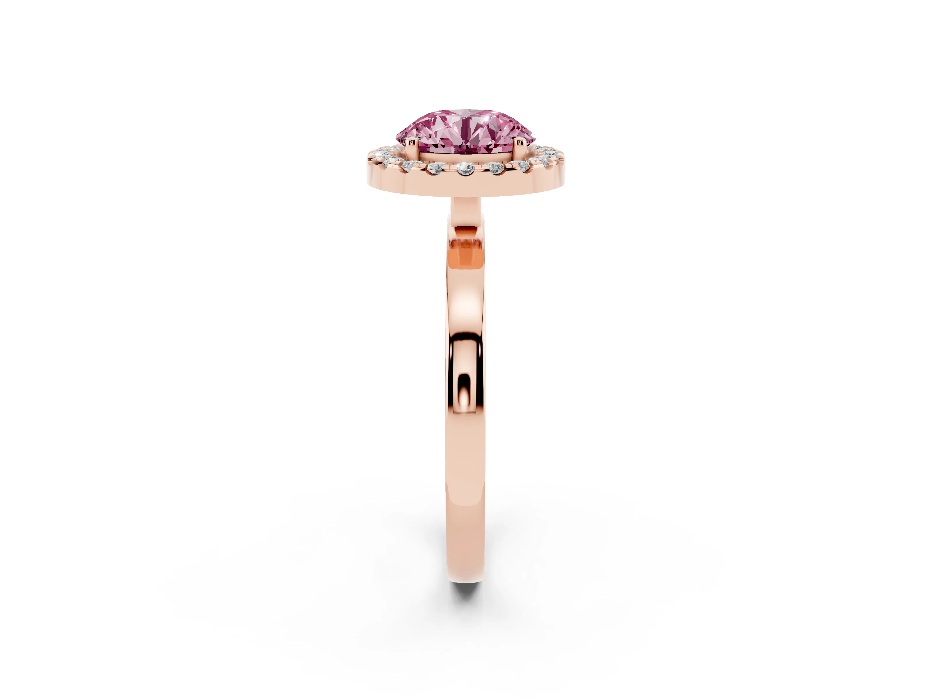 Fancy Pink Round Cut Diamond Halo Solitaire Ring Set in Rose gold with Pavé Band and Prong Setting
