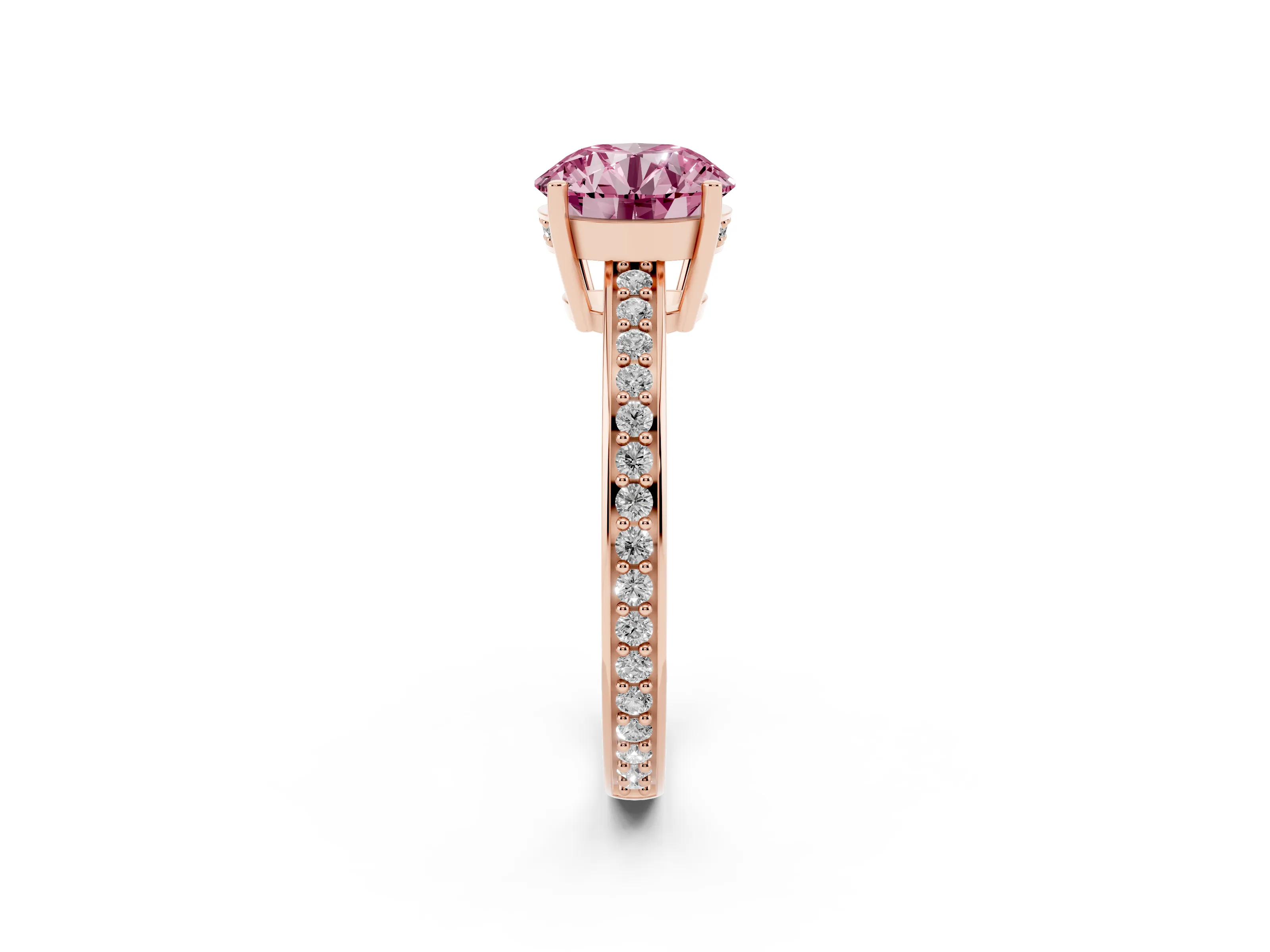 Fancy Pink Round Cut Diamond Pavé Band Prong Set Solitaire Ring Set in Rose gold