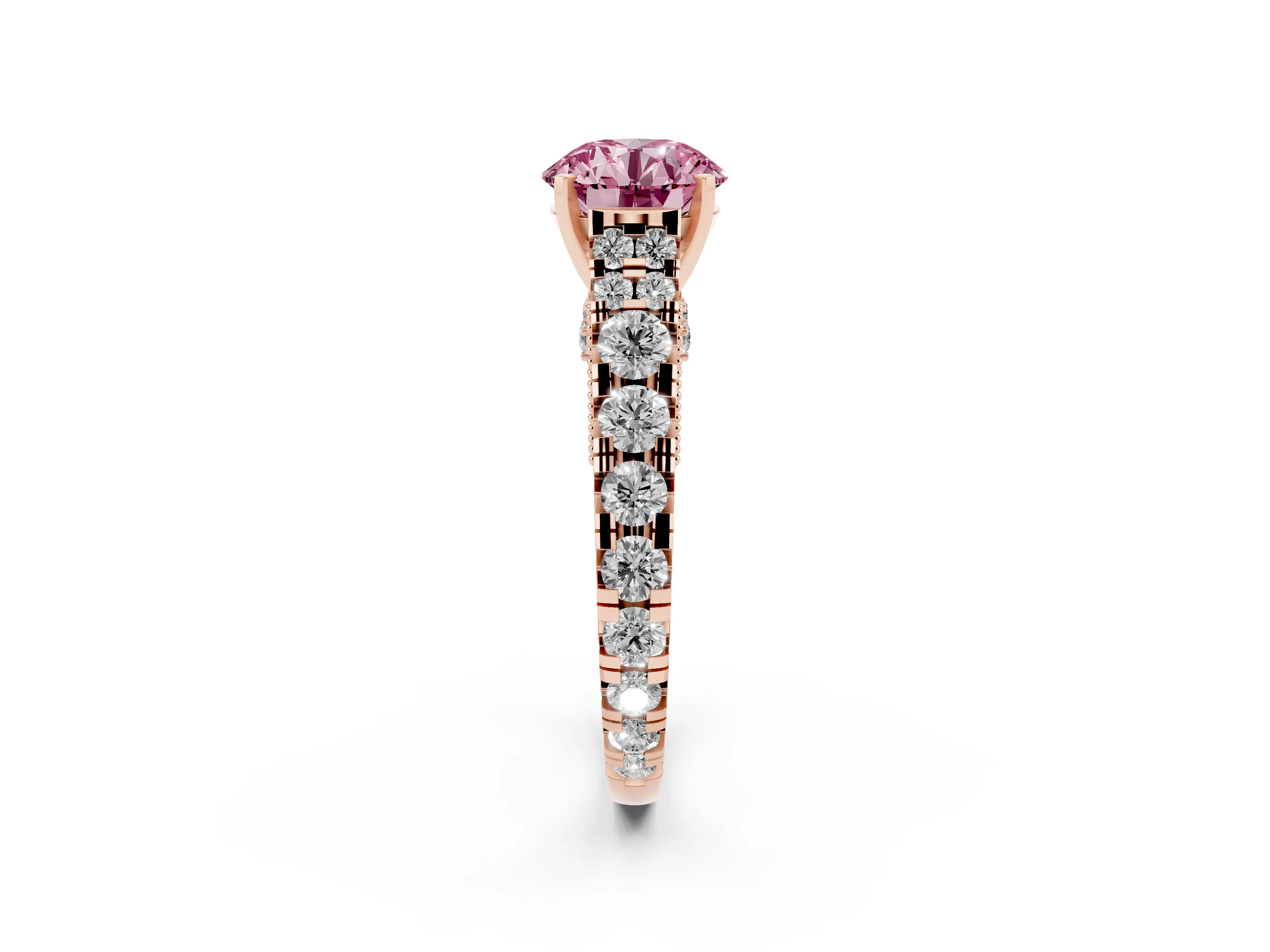 Fancy Pink Round Cut Diamond Classic Solitaire Ring Set in Rose gold with Pavé Band and Prong Setting