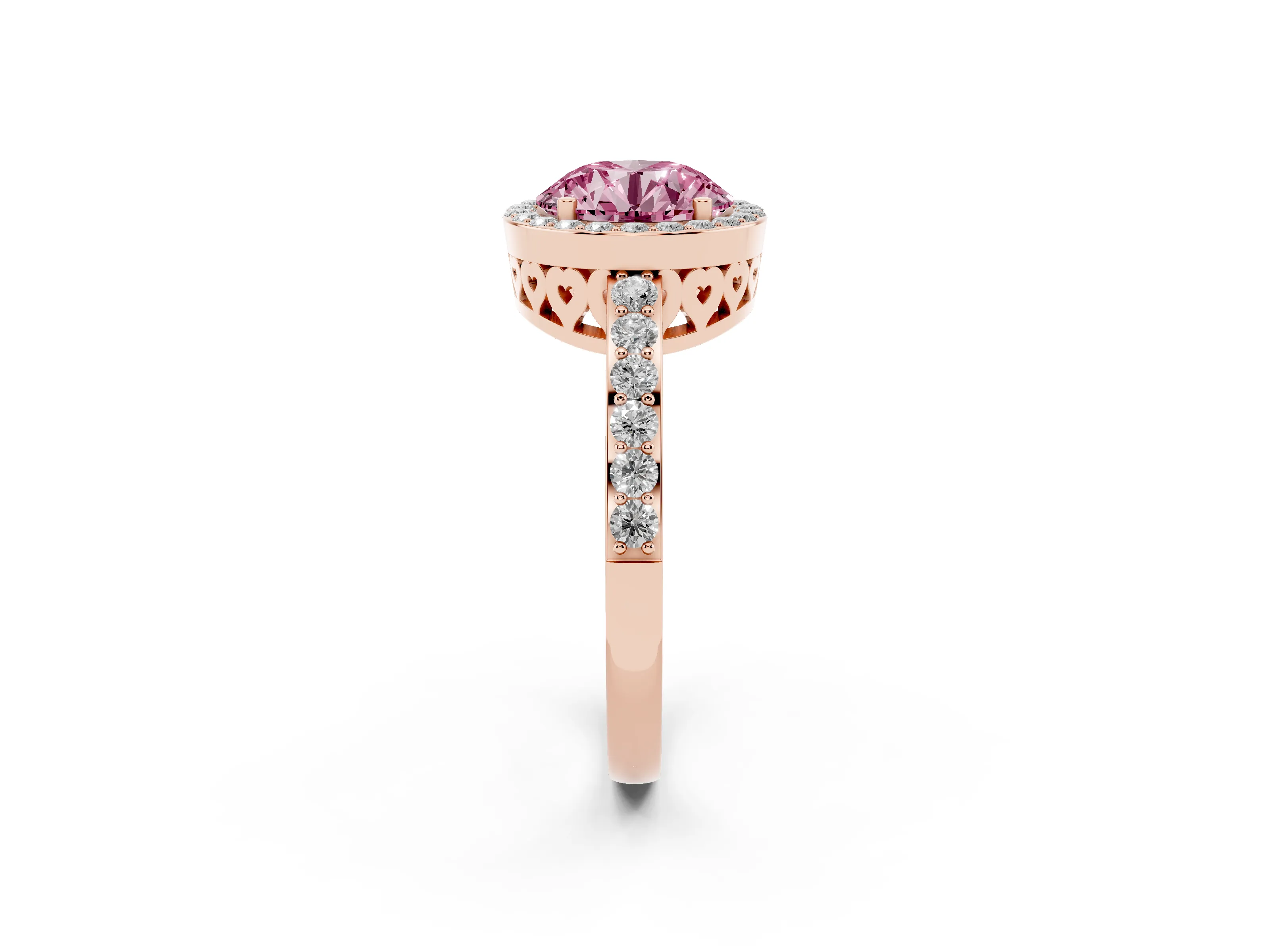 Fancy Pink Round Cut Diamond Halo Ring Set in Rose gold with Pavé-Setting Band and Open Prong Center
