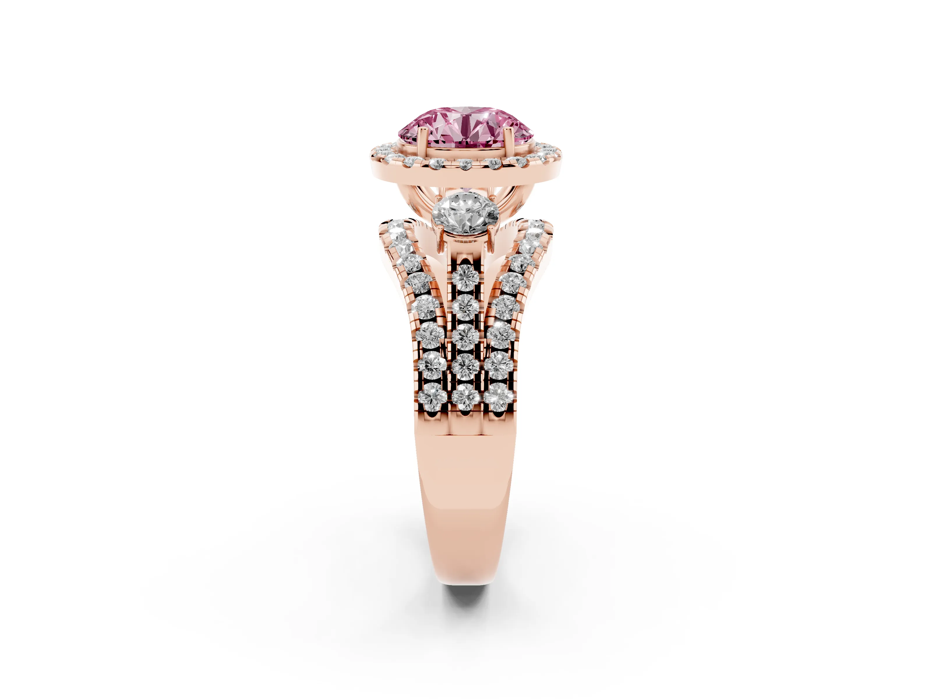 Fancy Pink Round Cut Diamond Halo Split Shank Ring Set in Rose gold with Round Accent Stones and Prong Setting