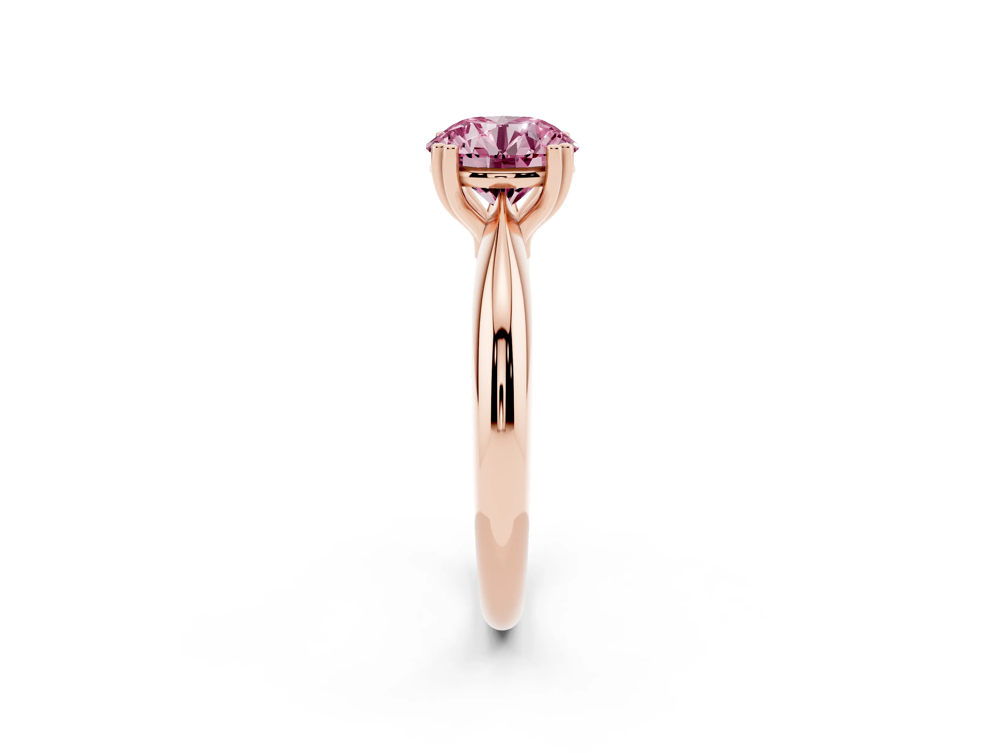 Fancy Pink Round Cut Diamond Solitaire Engagement Ring Set in Rose gold with Tapered Band and Prong Setting