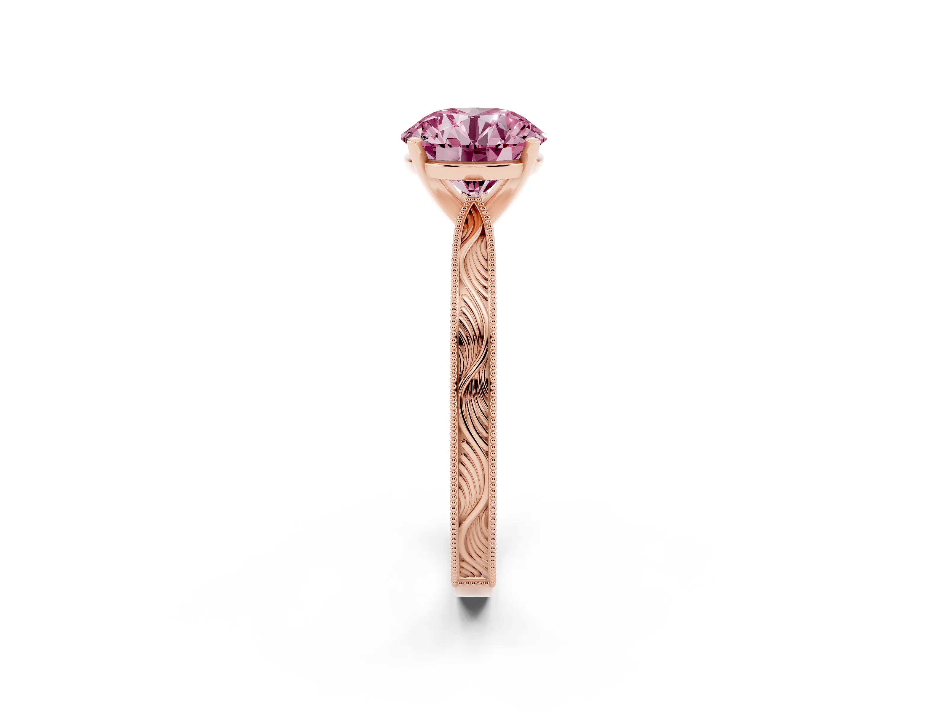 Fancy Pink Round Cut Diamond Solitaire Milgrain Engraved Band Set in Rose gold with Prong Setting