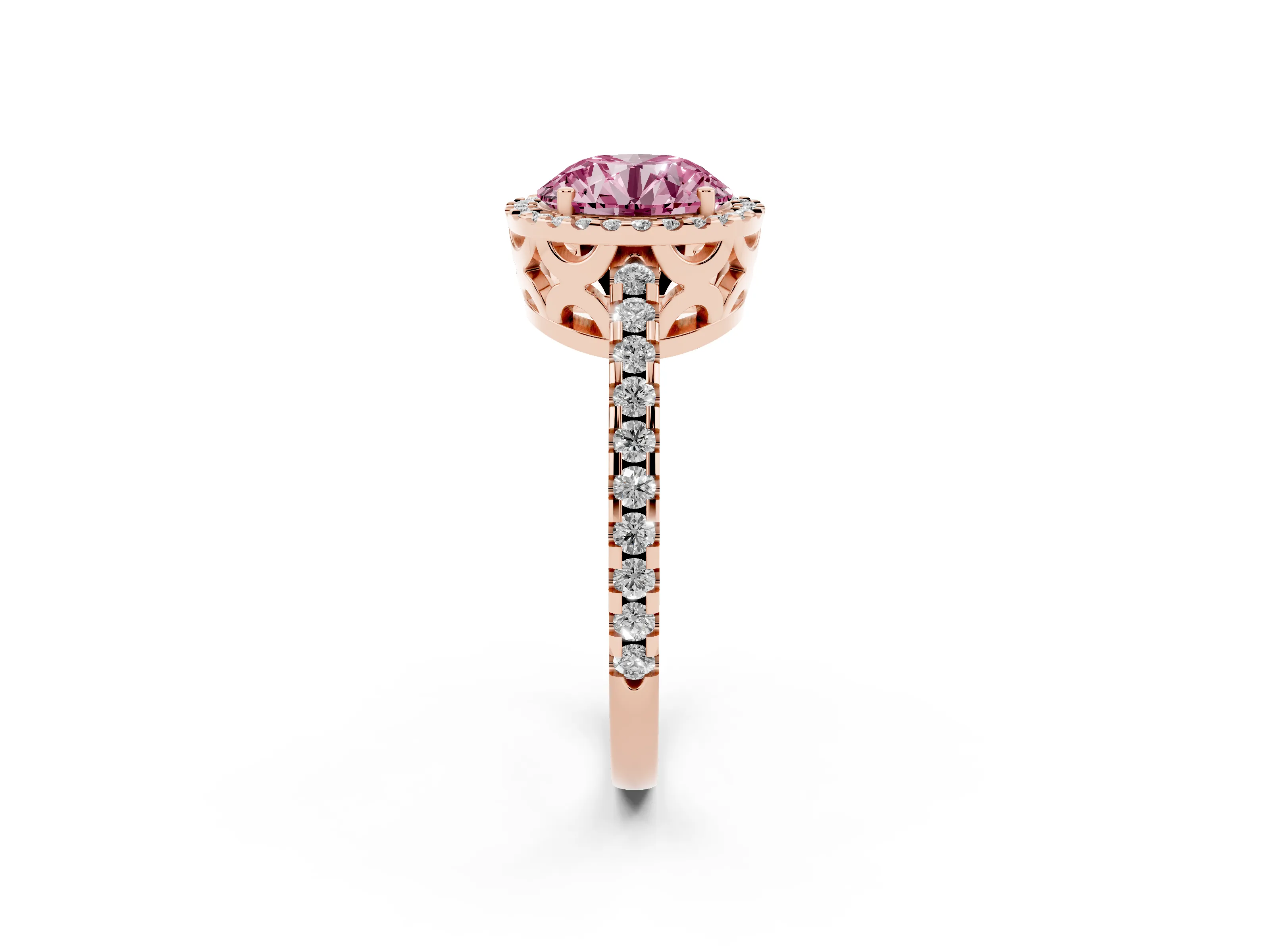 Fancy Pink Round Cut Diamond Halo Ring Set in Rose gold with Pavé Shoulders and Halo-Framed Center