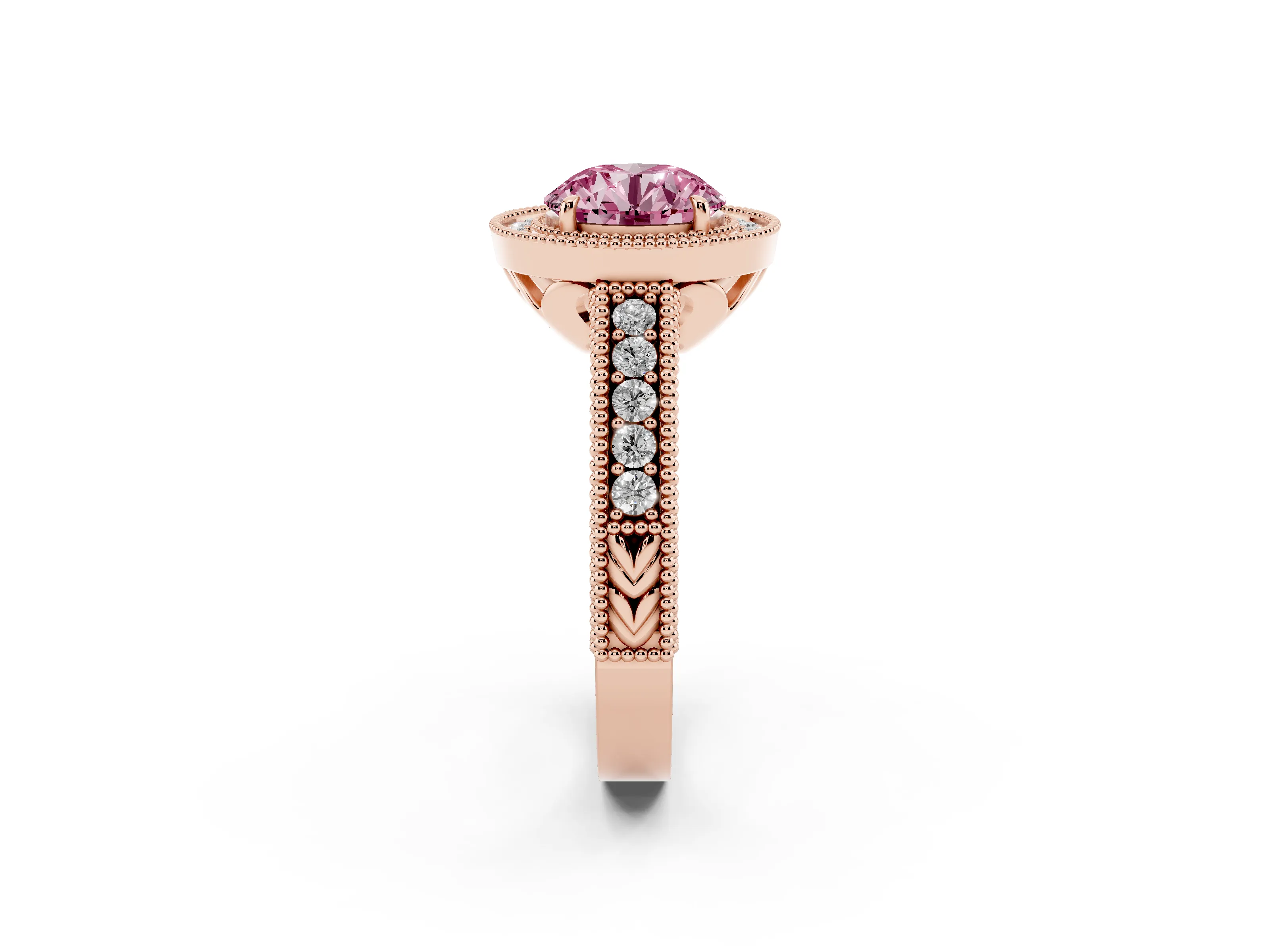Fancy Pink Round Cut Diamond Halo Ring Set in Rose gold with Round Accent Halo, Pavé Band and Prong Setting