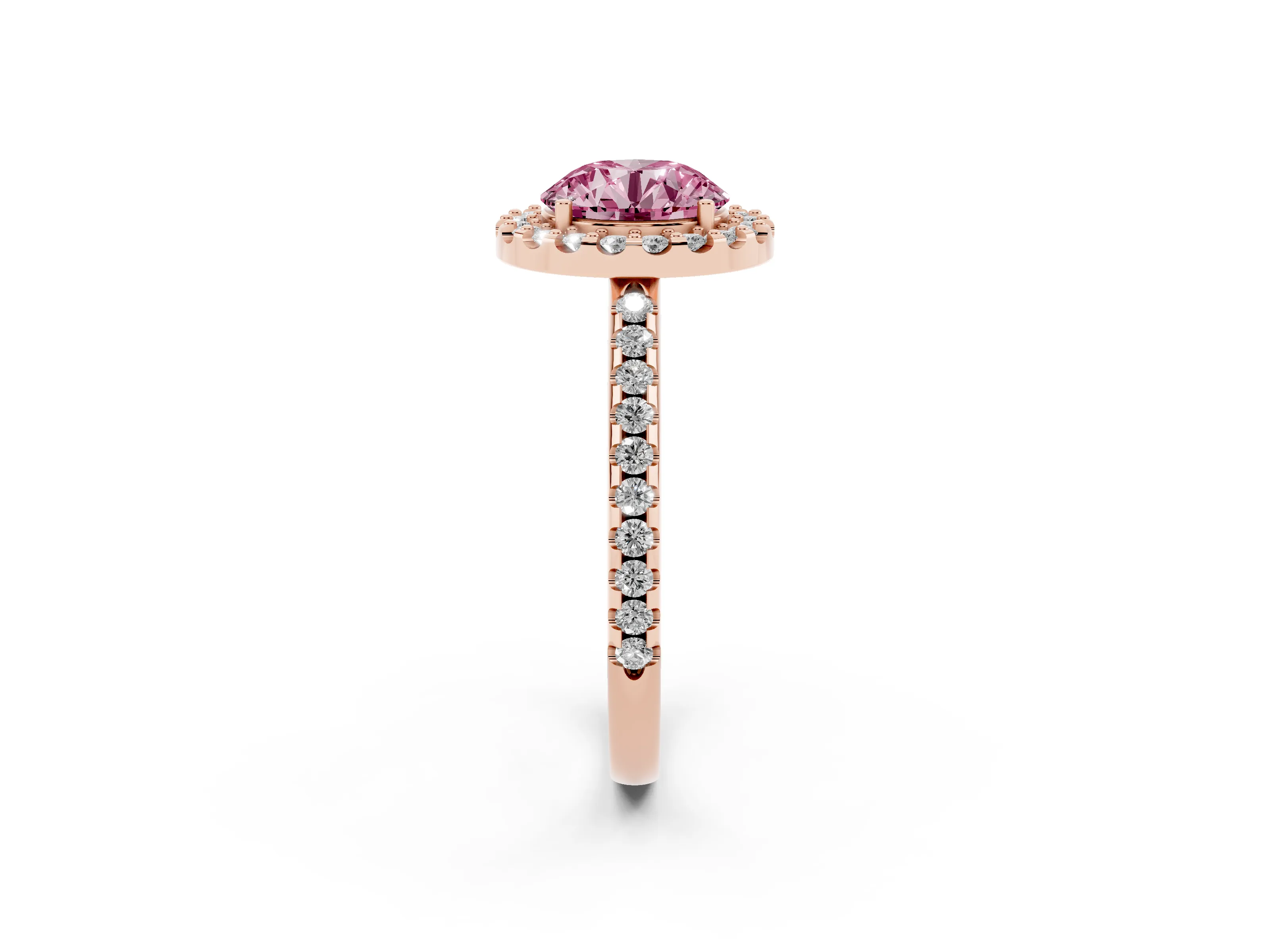 Fancy Pink Round Cut Diamond Pavé Halo Ring Set in Rose gold with Prong Setting