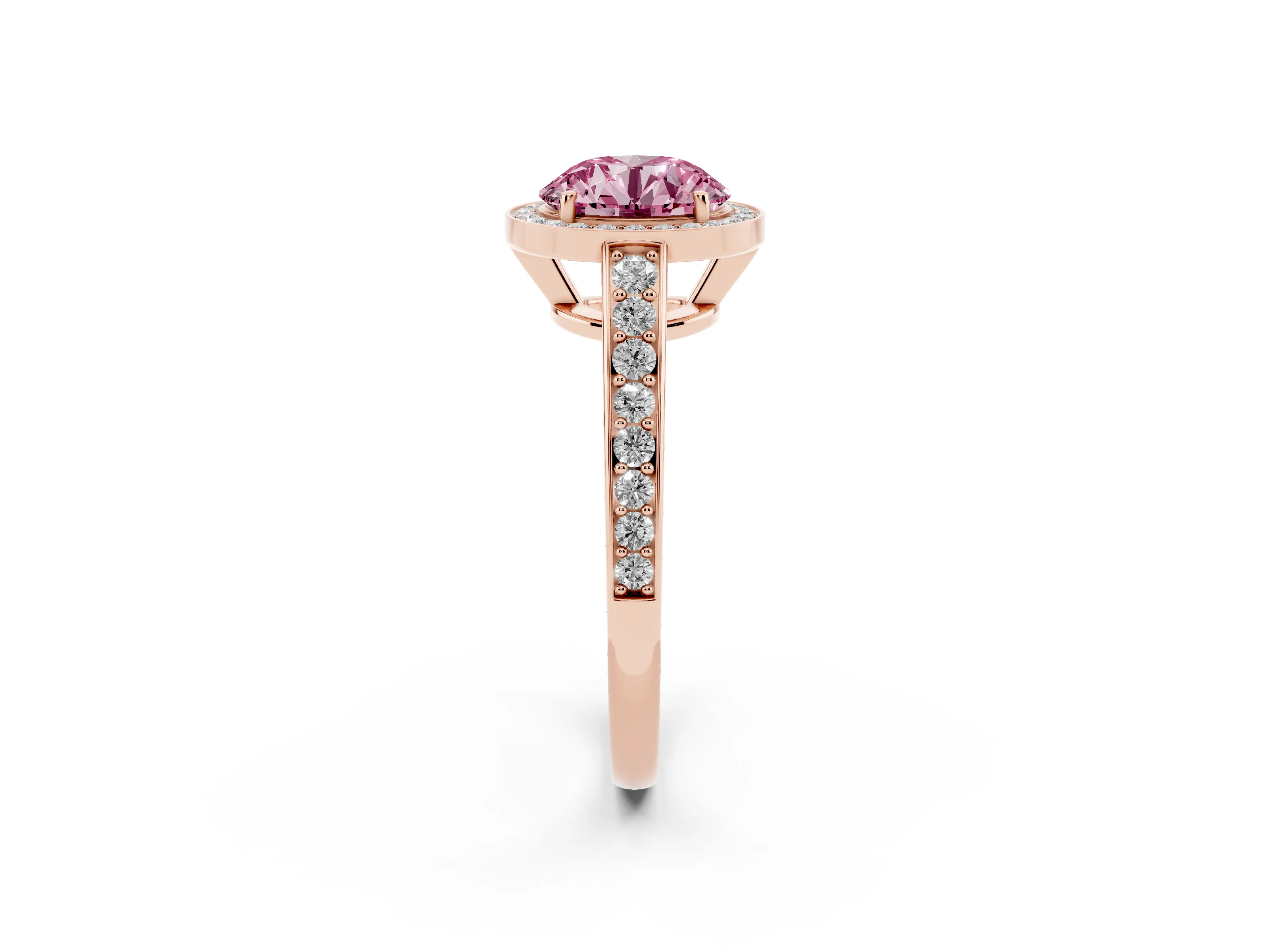Fancy Pink Round Cut Diamond Halo Pavé Engagement Ring Set in Rose gold with Bezel Setting