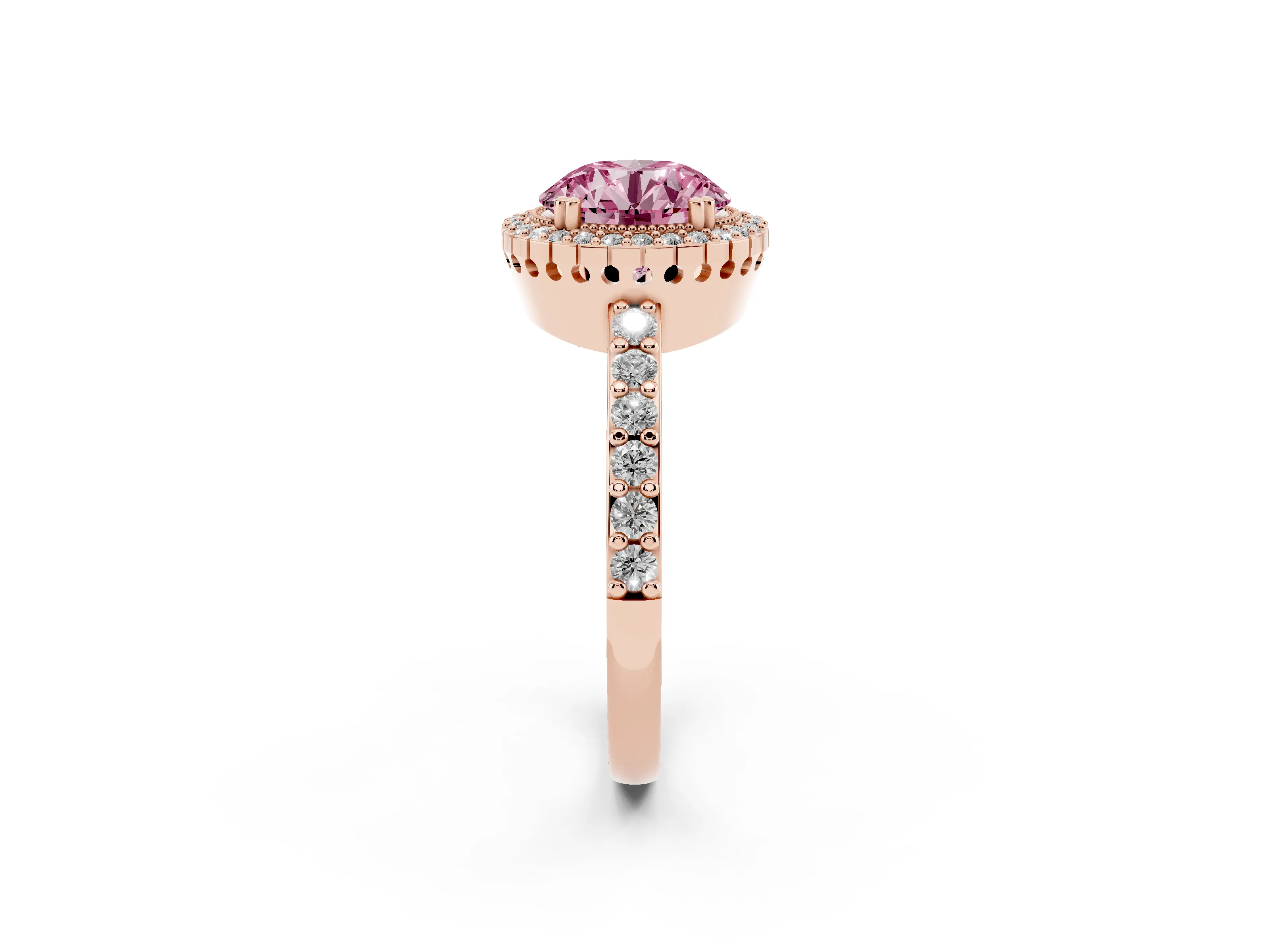 Fancy Pink Round Cut Diamond Halo Engagement Ring Set in Rose gold with Milgrain Detail and Pavé Band