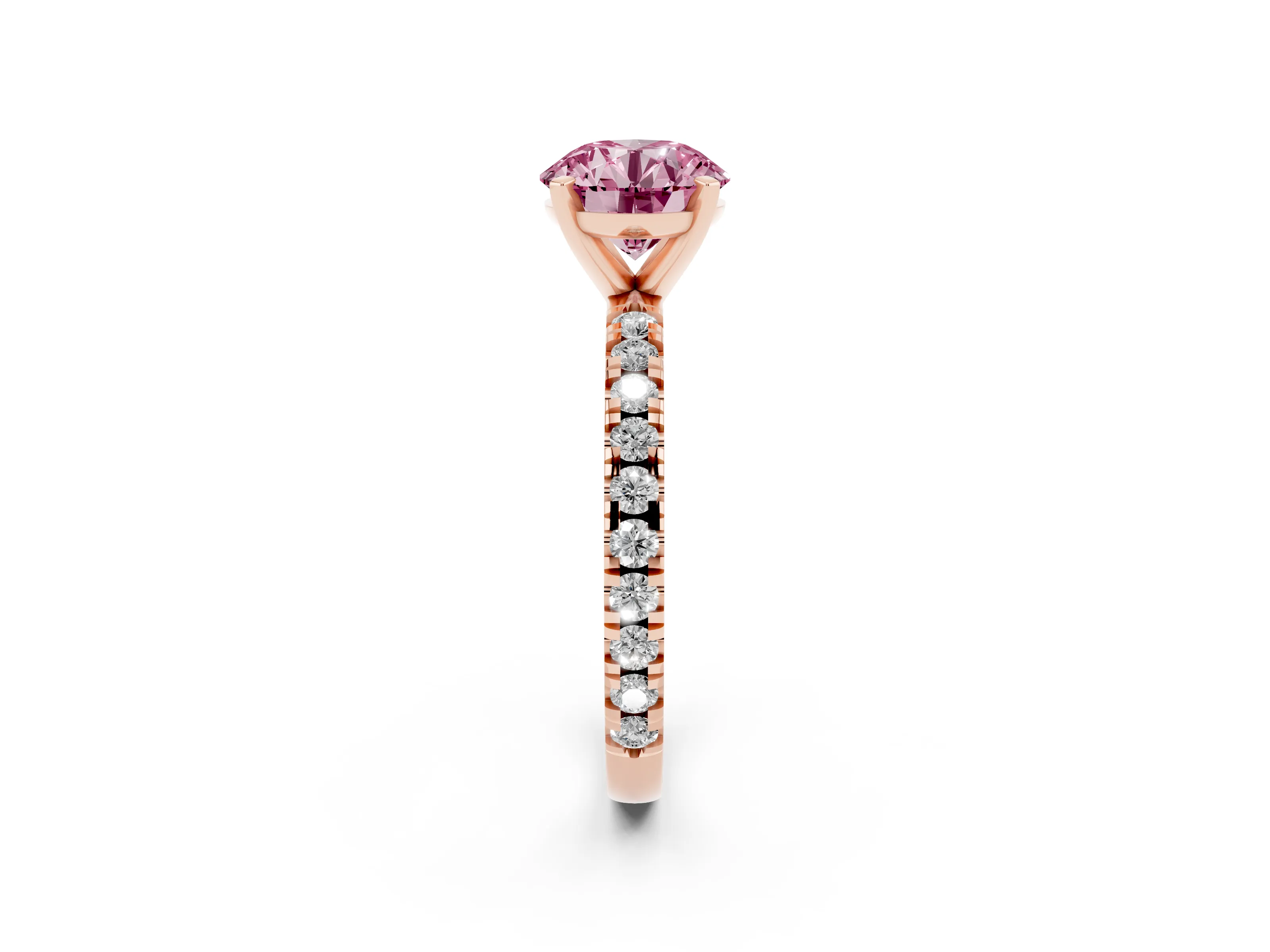 Fancy Pink Round Cut Diamond Pavé Band Solitaire Set in Rose gold with Prong Setting