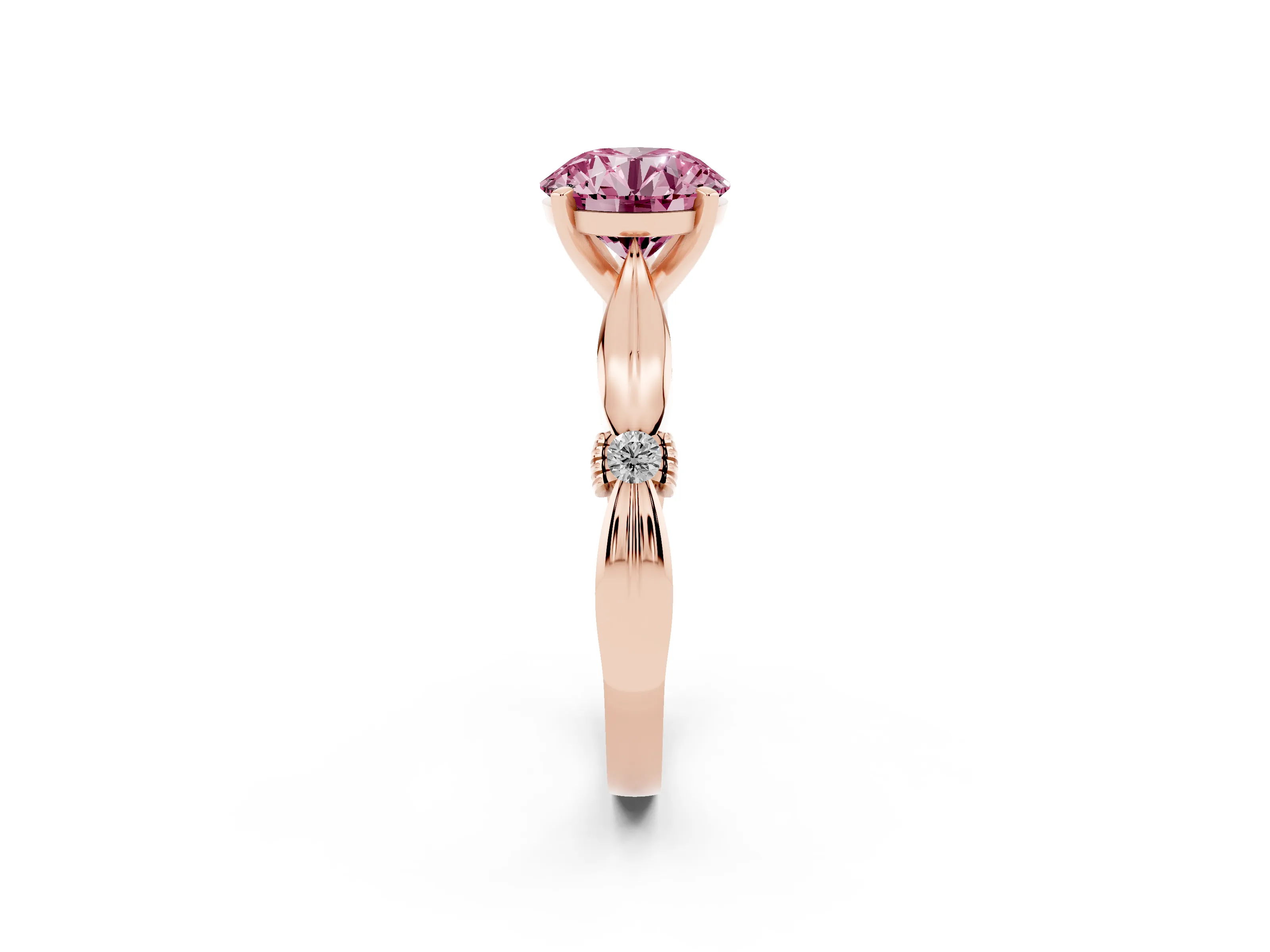 Fancy Pink Round Cut Diamond Solitaire Twisted Band Ring Set in Rose gold with Accent Stones and Prong Setting
