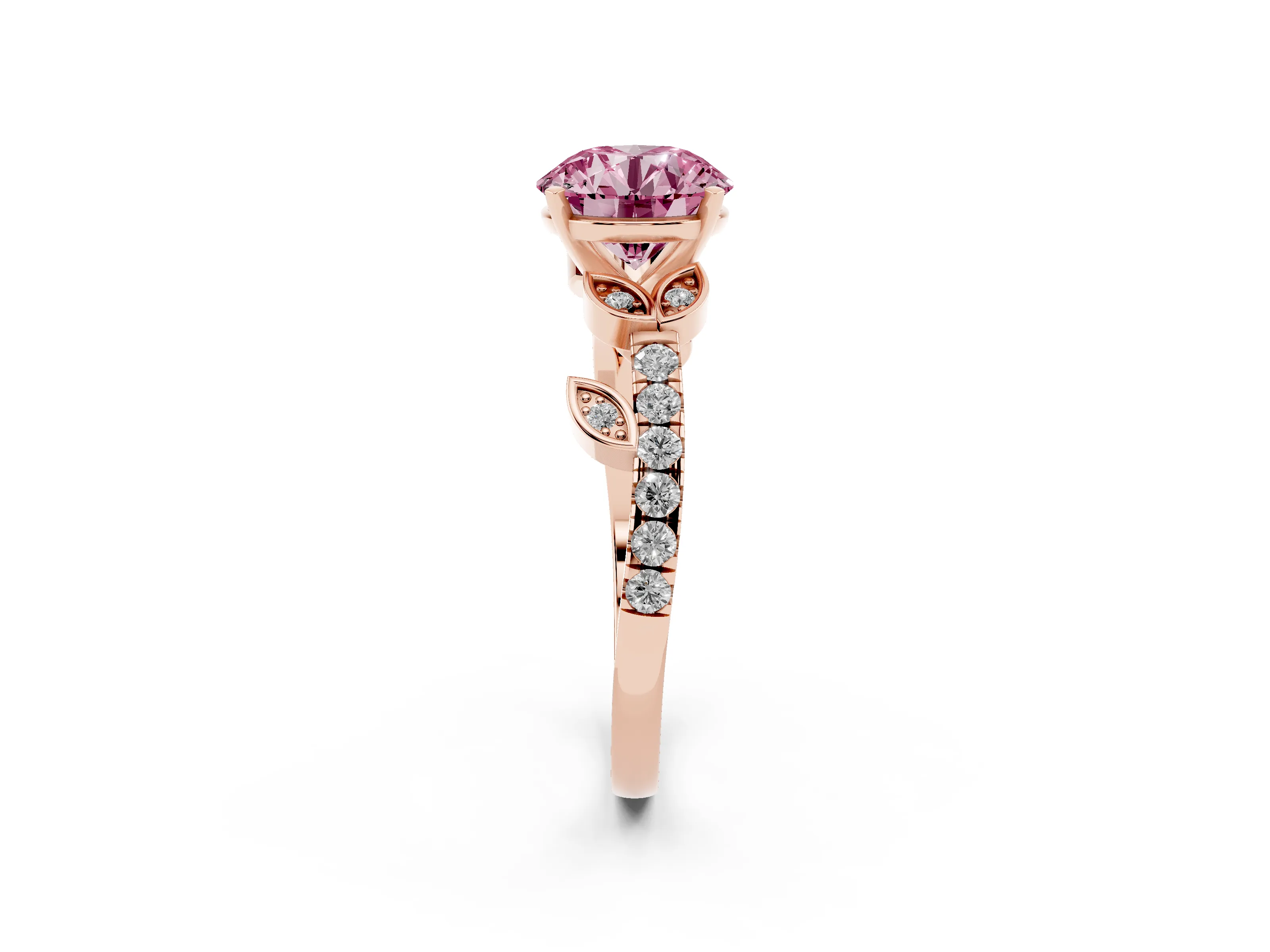 Fancy Pink Round Cut Diamond Solitaire Leaf-Inspired Ring Set in Rose gold with Pavé Band and Prong Setting