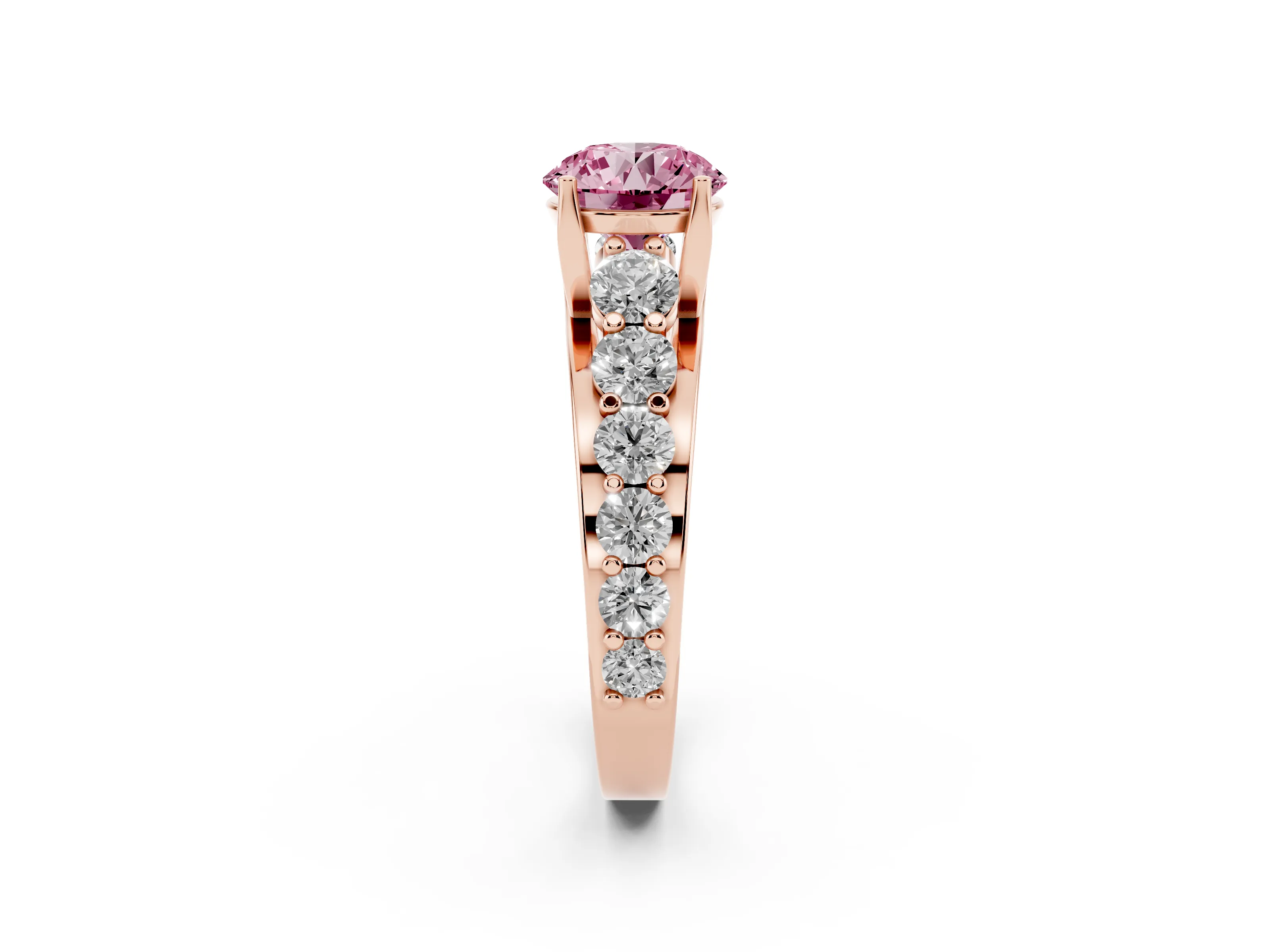 Fancy Pink Round Cut Diamond Pavé Engagement Ring Set in Rose gold with Prong Setting