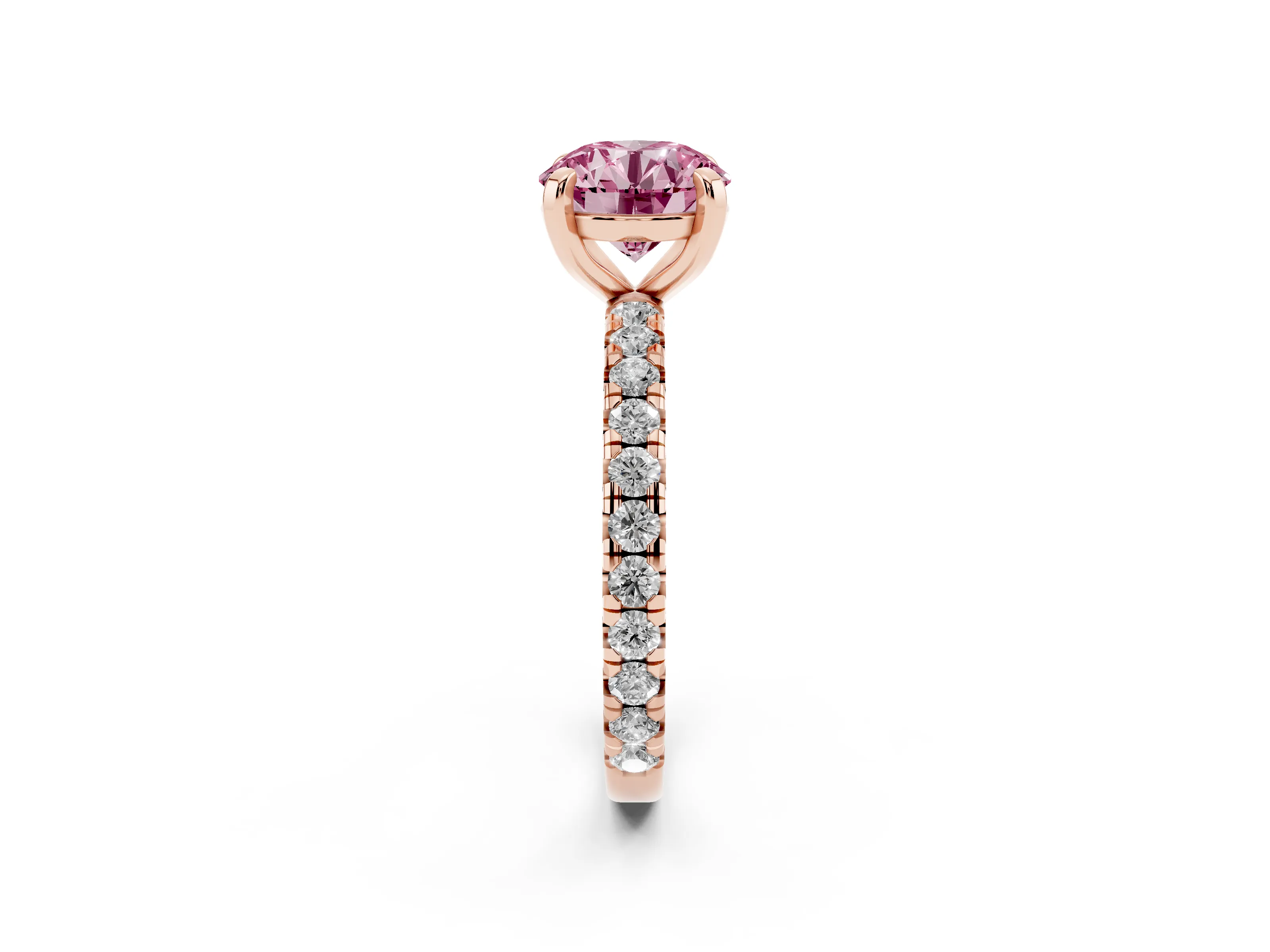 Fancy Pink Round Cut Diamond Pavé Solitaire Ring Set in Rose gold with Round Band and Prong Setting