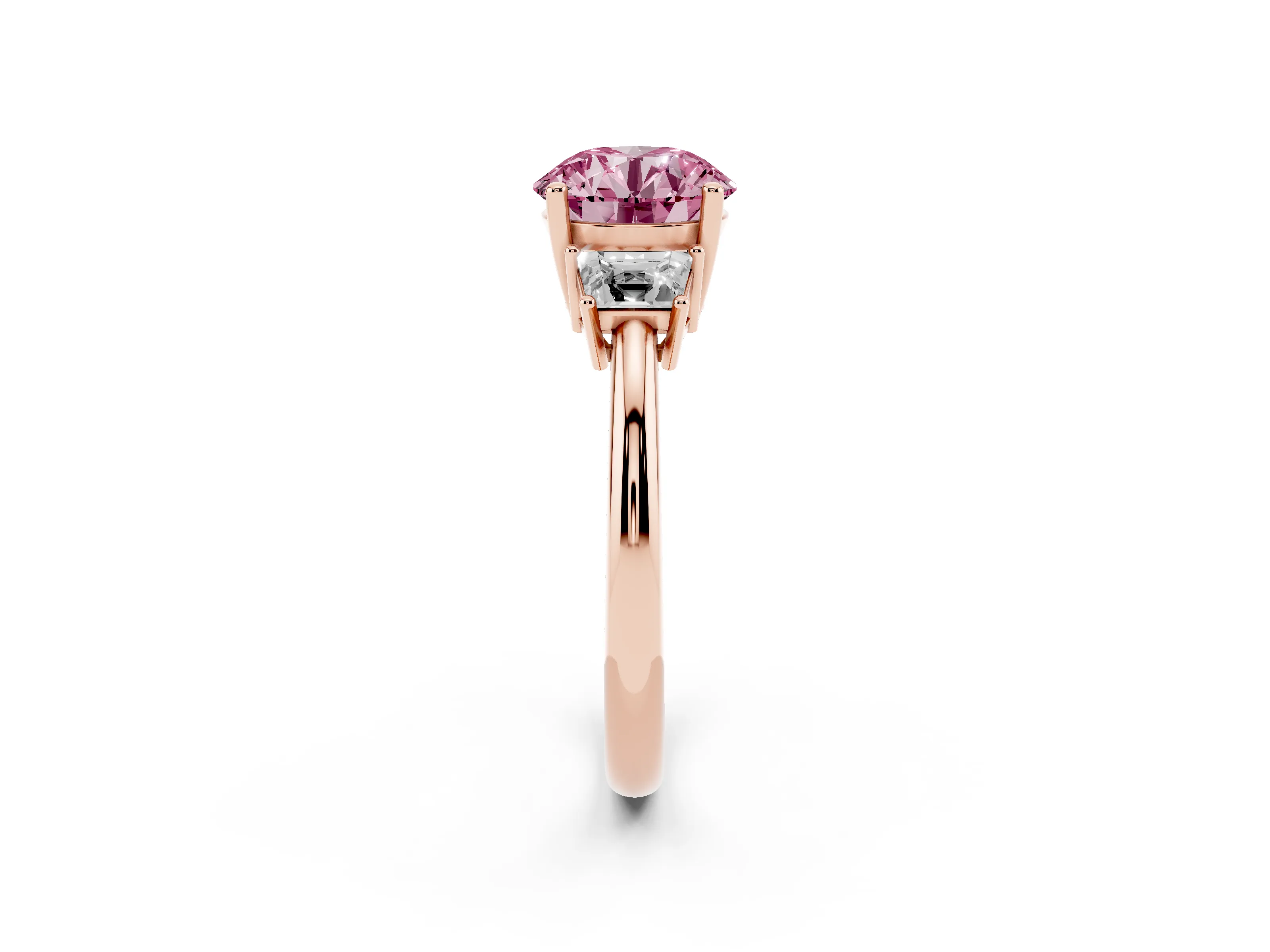 Fancy Pink Round Cut Diamond Three-Stone Ring Set in Rose gold with Trapezoid Side Stones and Prong Setting