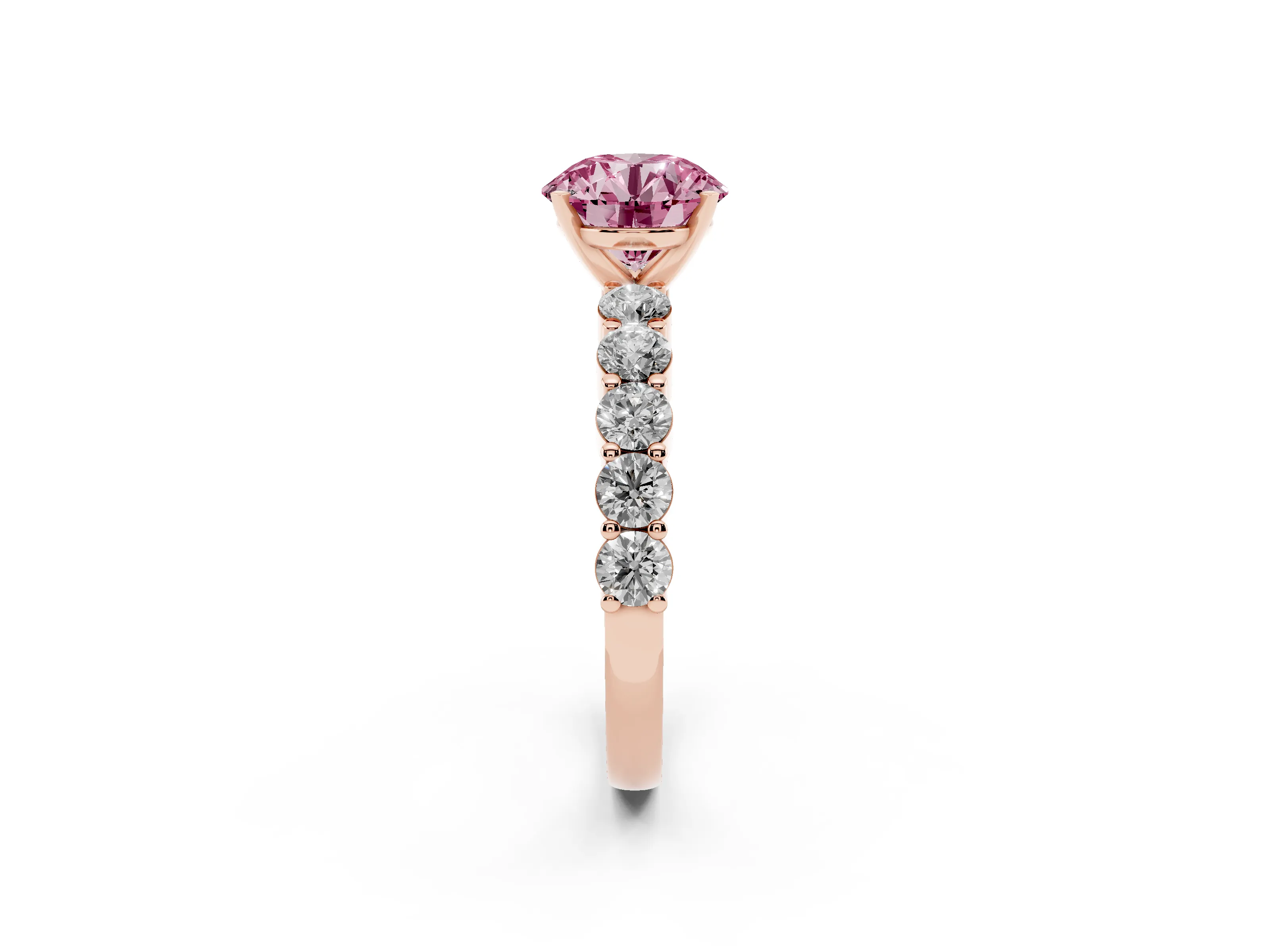 Fancy Pink Round Cut Diamond Solitaire Ring Set in Rose gold with Shared Prong Round Side Stones