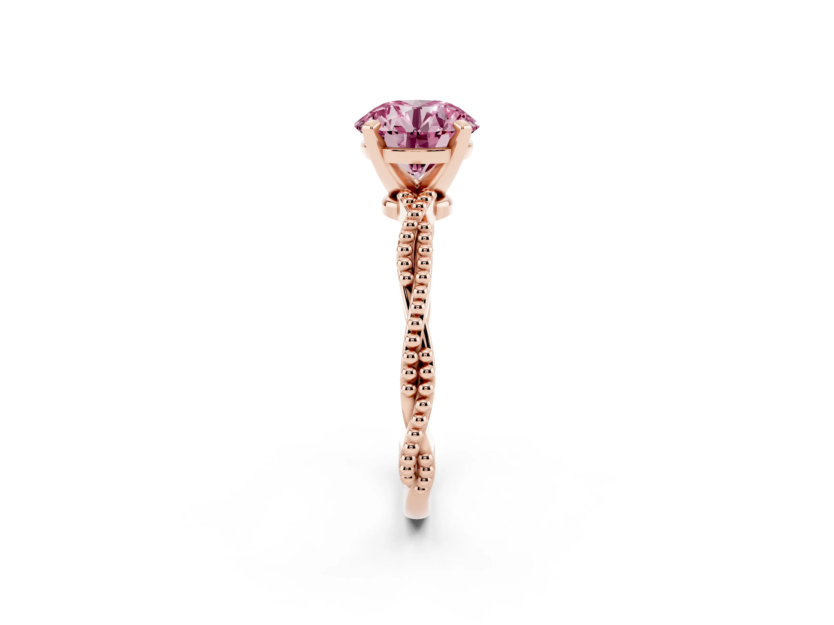 Fancy Pink Round Cut Diamond Solitaire Ring Set in Rose gold with Twisted Band and Bead Prong Setting