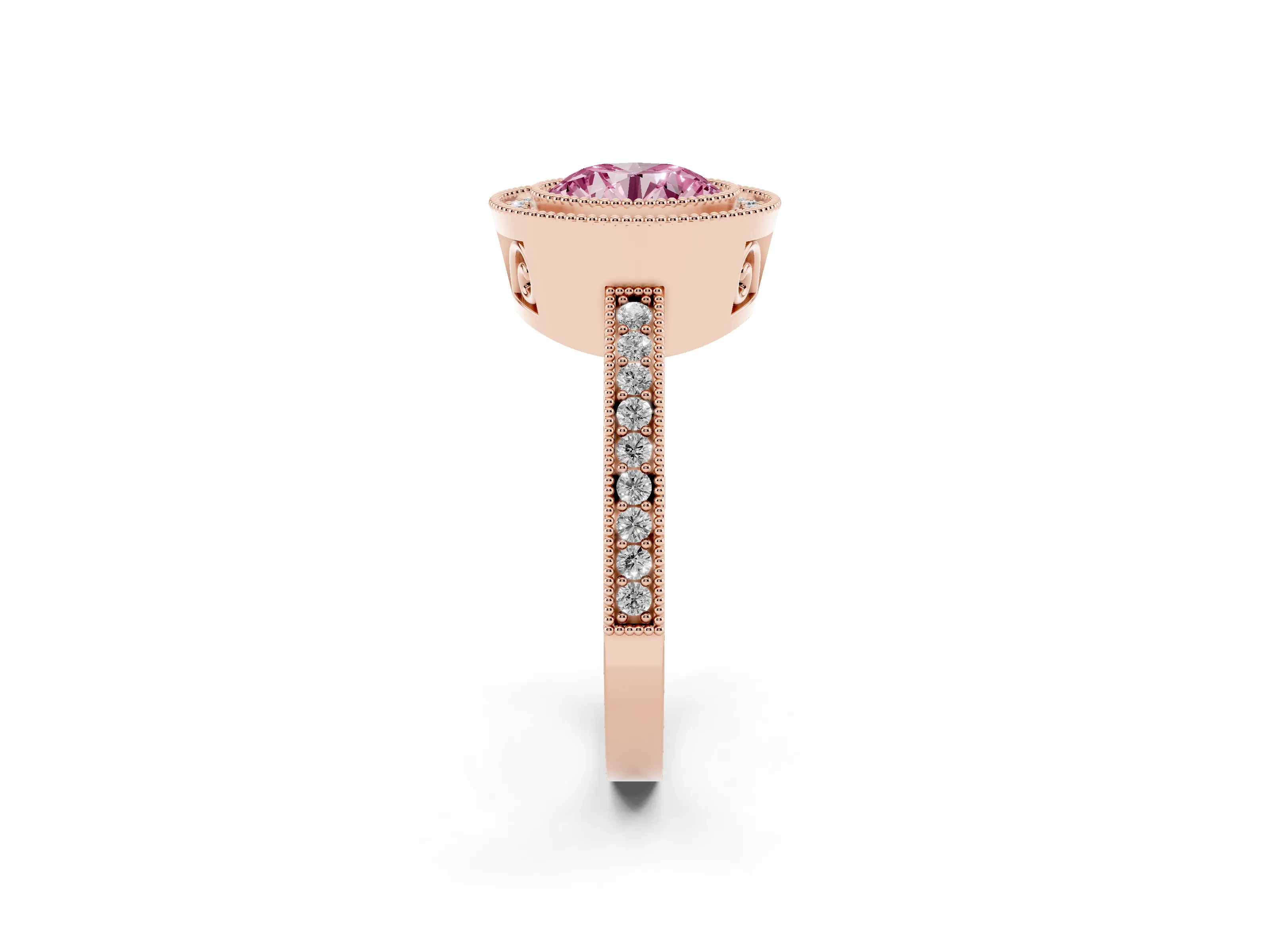 Fancy Pink Round Cut Diamond Round Halo Ring Set in Rose gold with Pavé Band