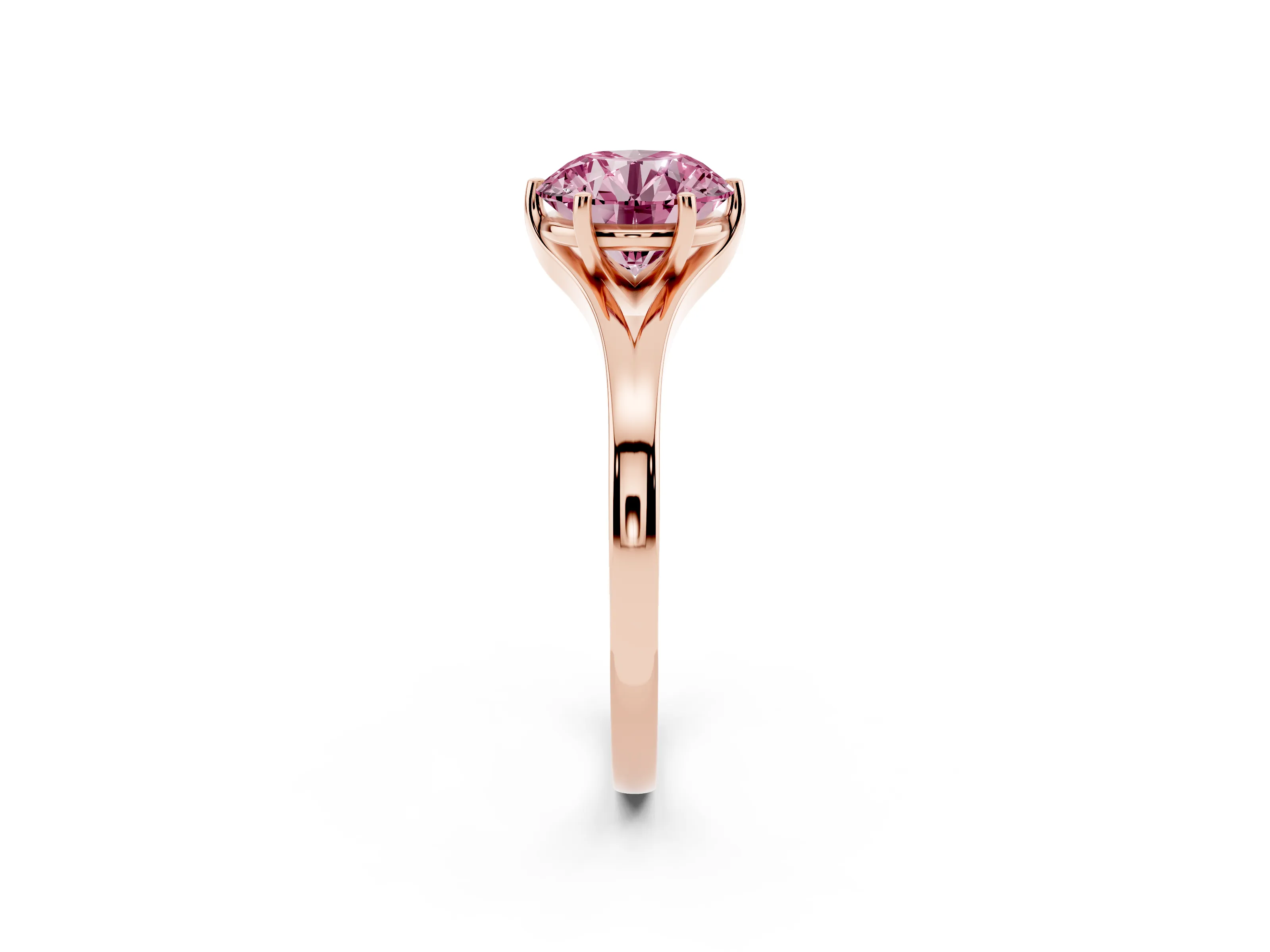 Fancy Pink Round Cut Diamond Solitaire Ring Set in Rose gold with Polished Tapered Band and Prong Setting