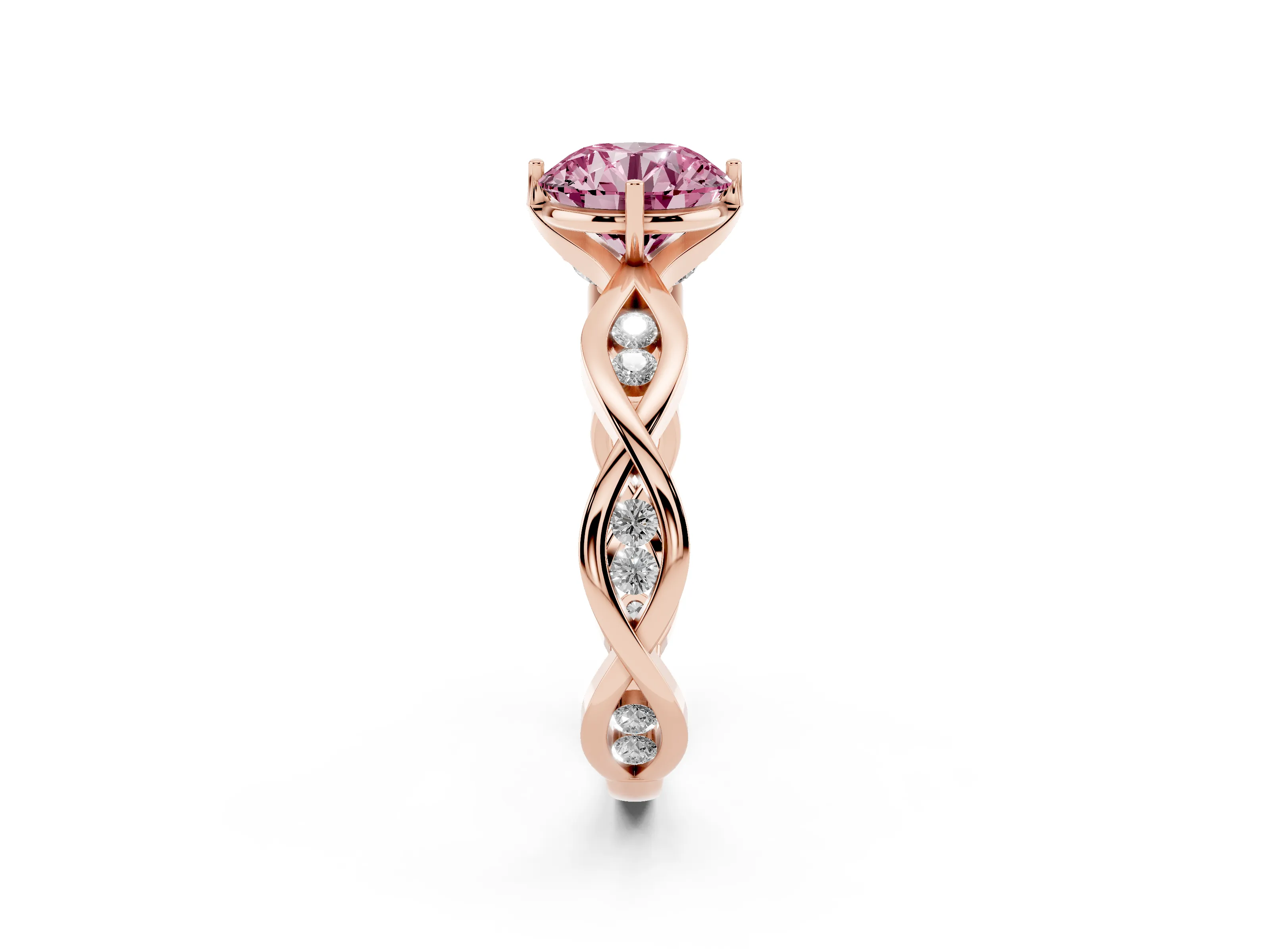 Fancy Pink Round Cut Diamond Twist Band Solitaire Ring Set in Rose gold with Leaf Prong Setting and Accent Stones