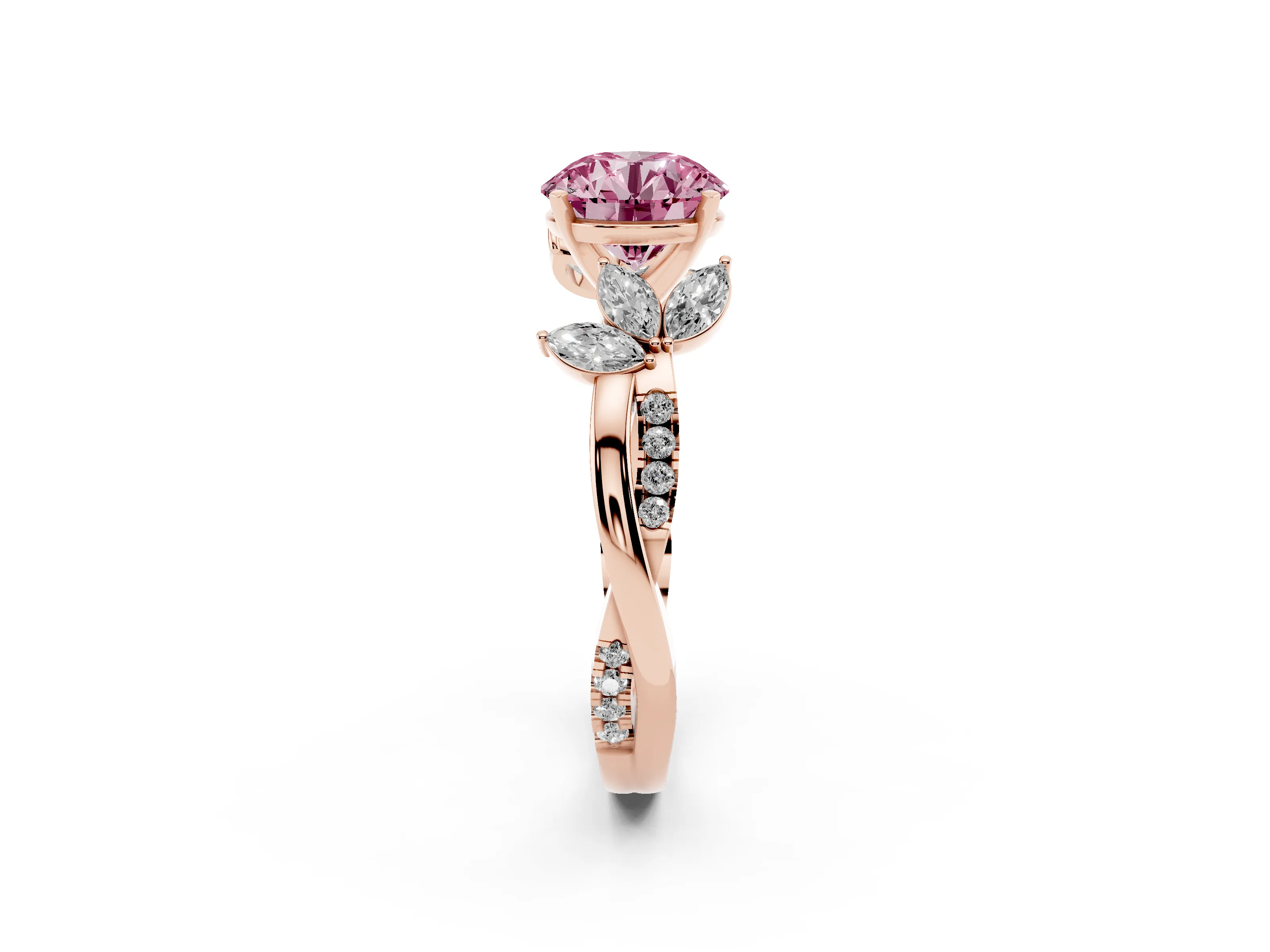 Fancy Pink Round Cut Diamond Floral Vine Solitaire Engagement Ring Set in Rose gold with Marquise Leaves