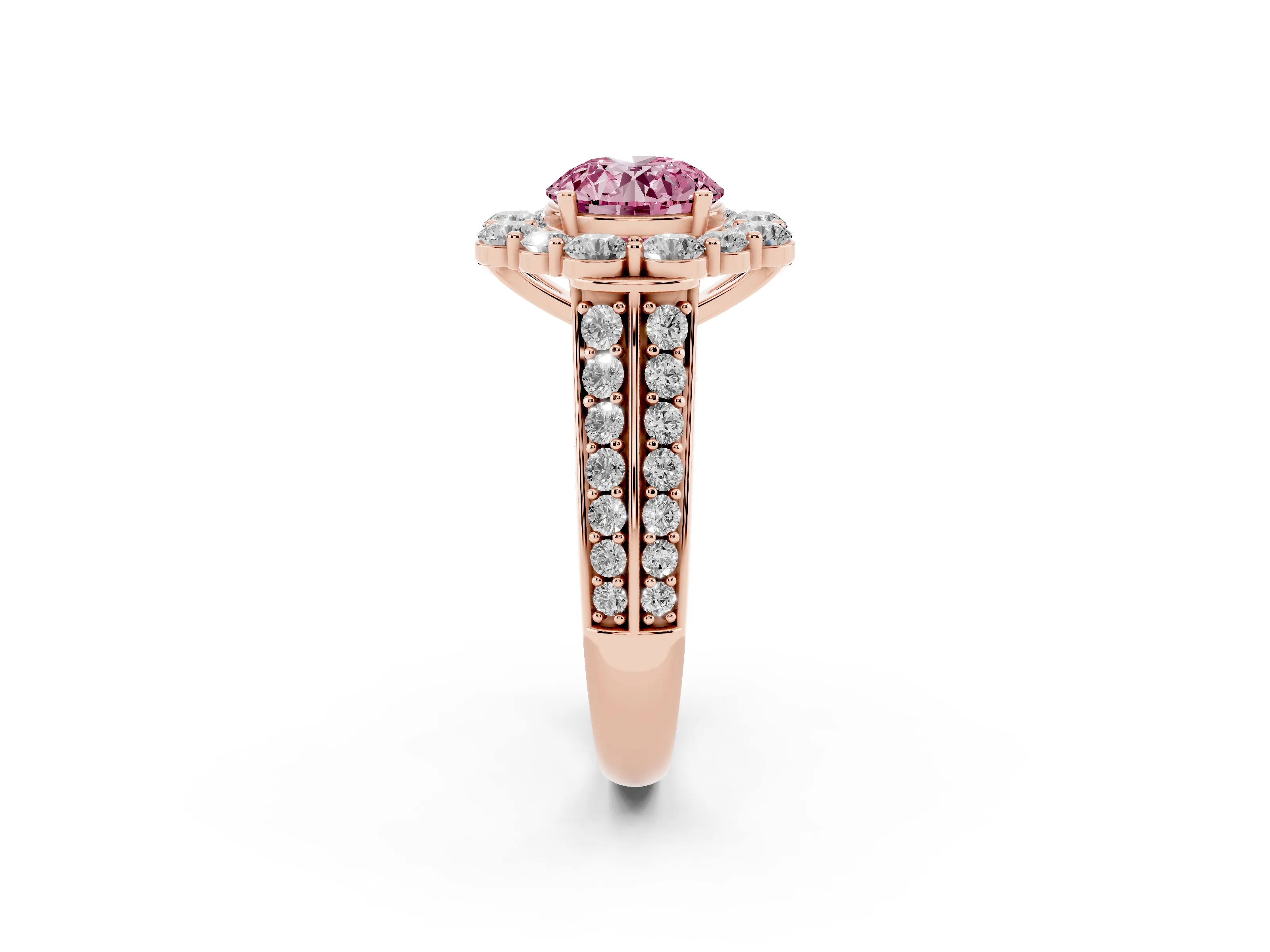 Fancy Pink Round Cut Diamond Halo Engagement Ring Set in Rose gold with Split Shank and Prong Setting
