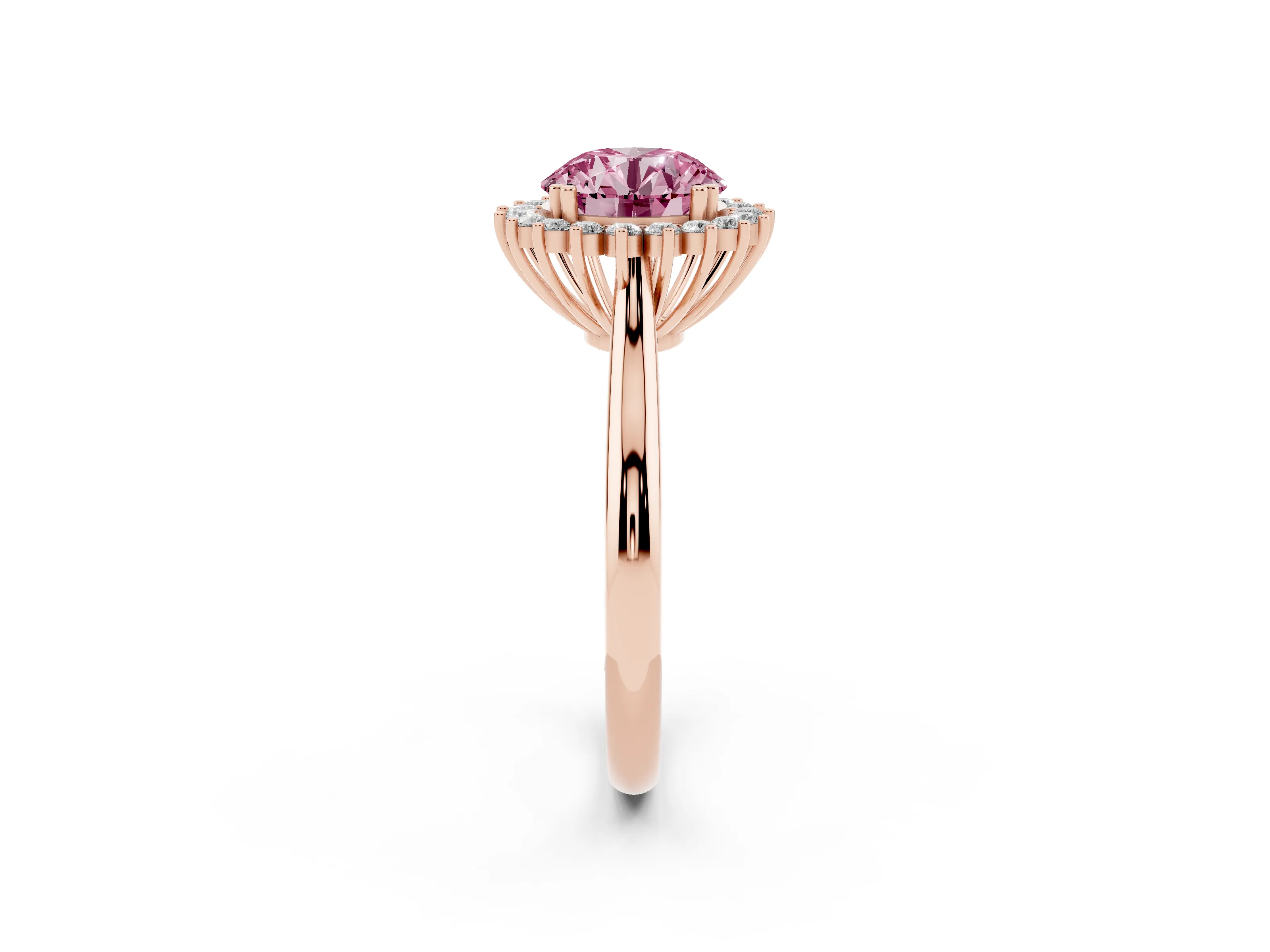 Fancy Pink Round Cut Diamond Halo Ring Set in Rose gold with Plain Solitaire Band and Prong Setting