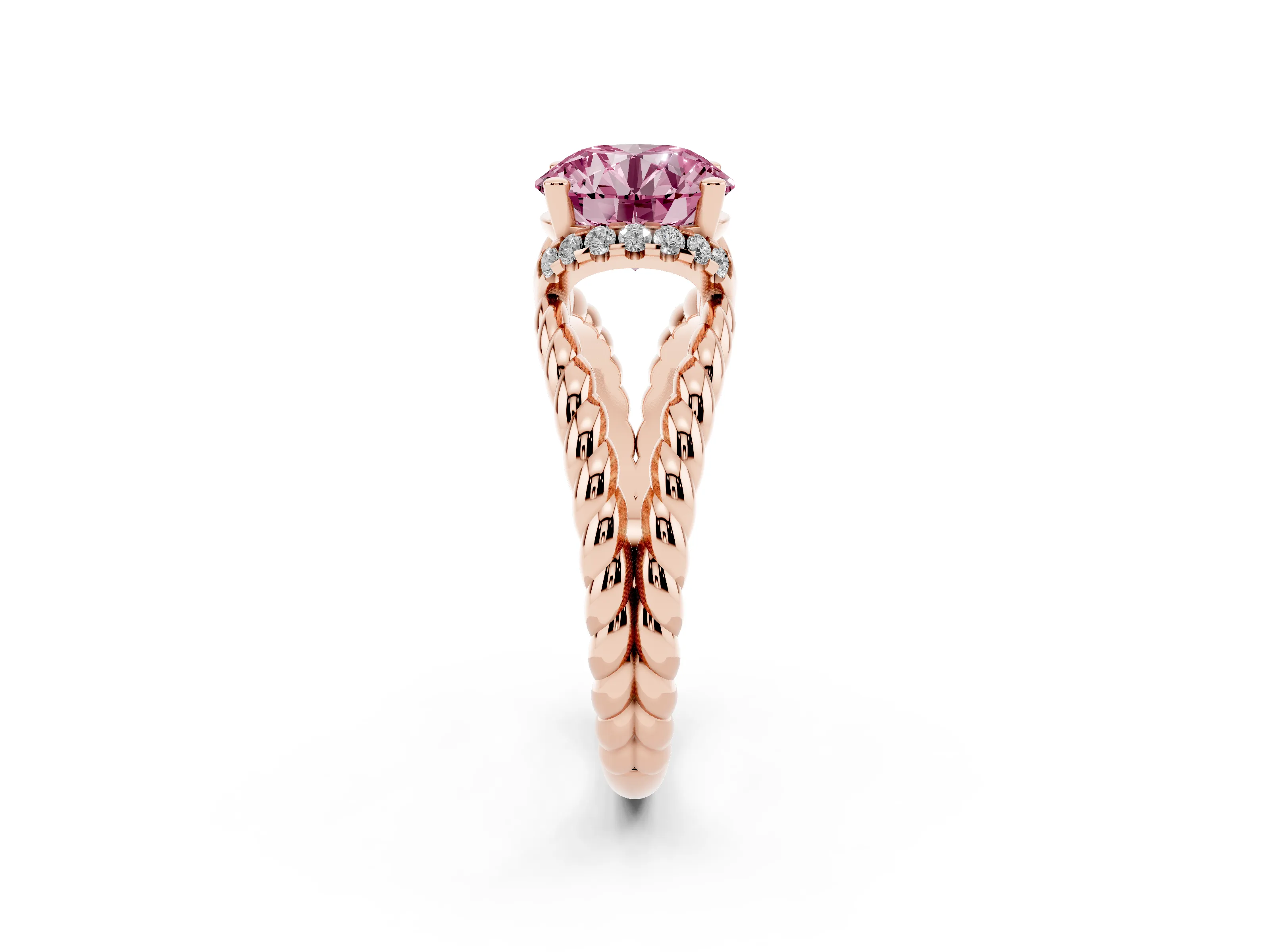 Fancy Pink Round Cut Diamond Halo Ring Set in Rose gold with Twisted Band and Prong Setting