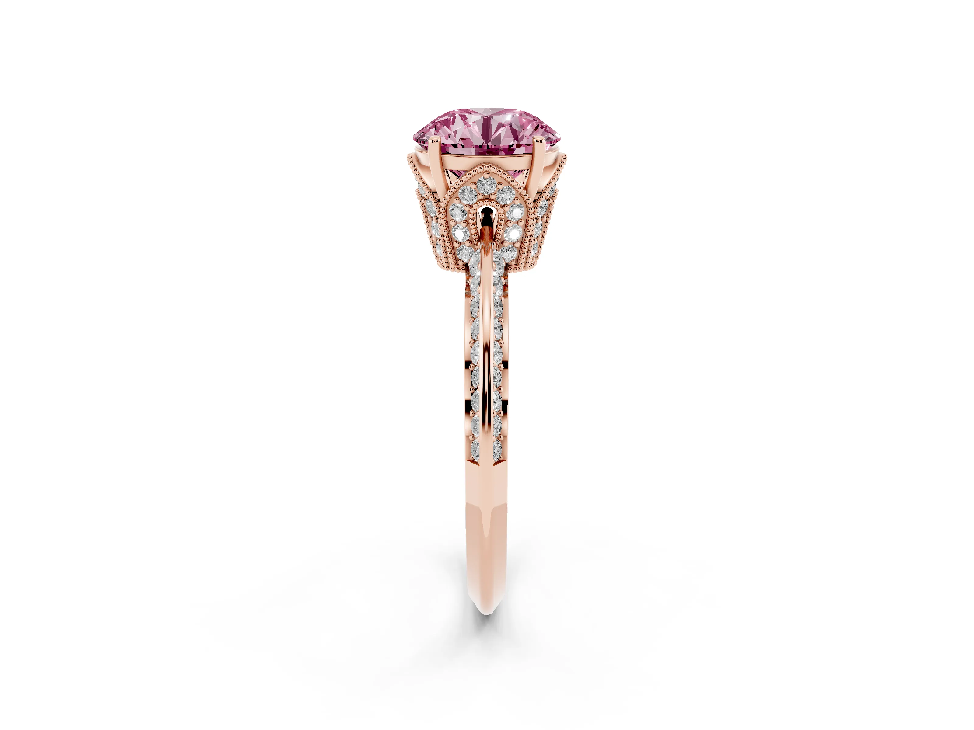 Fancy Pink Round Cut Diamond Solitaire Engagement Ring Set in Rose gold with Pavé Split Shank and Prong Setting