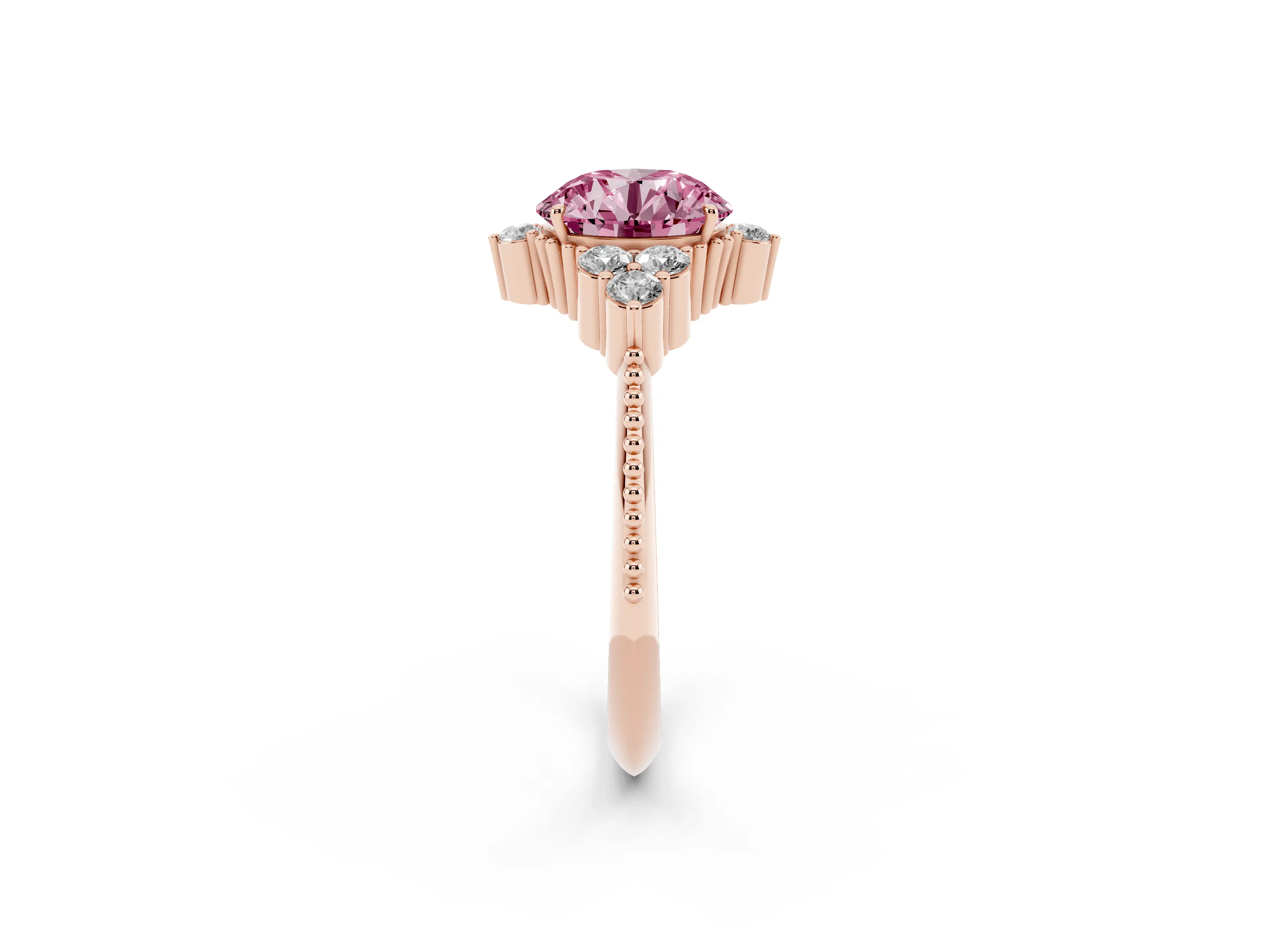 Fancy Pink Round Cut Diamond Cluster Ring Set in Rose gold with Beaded Band