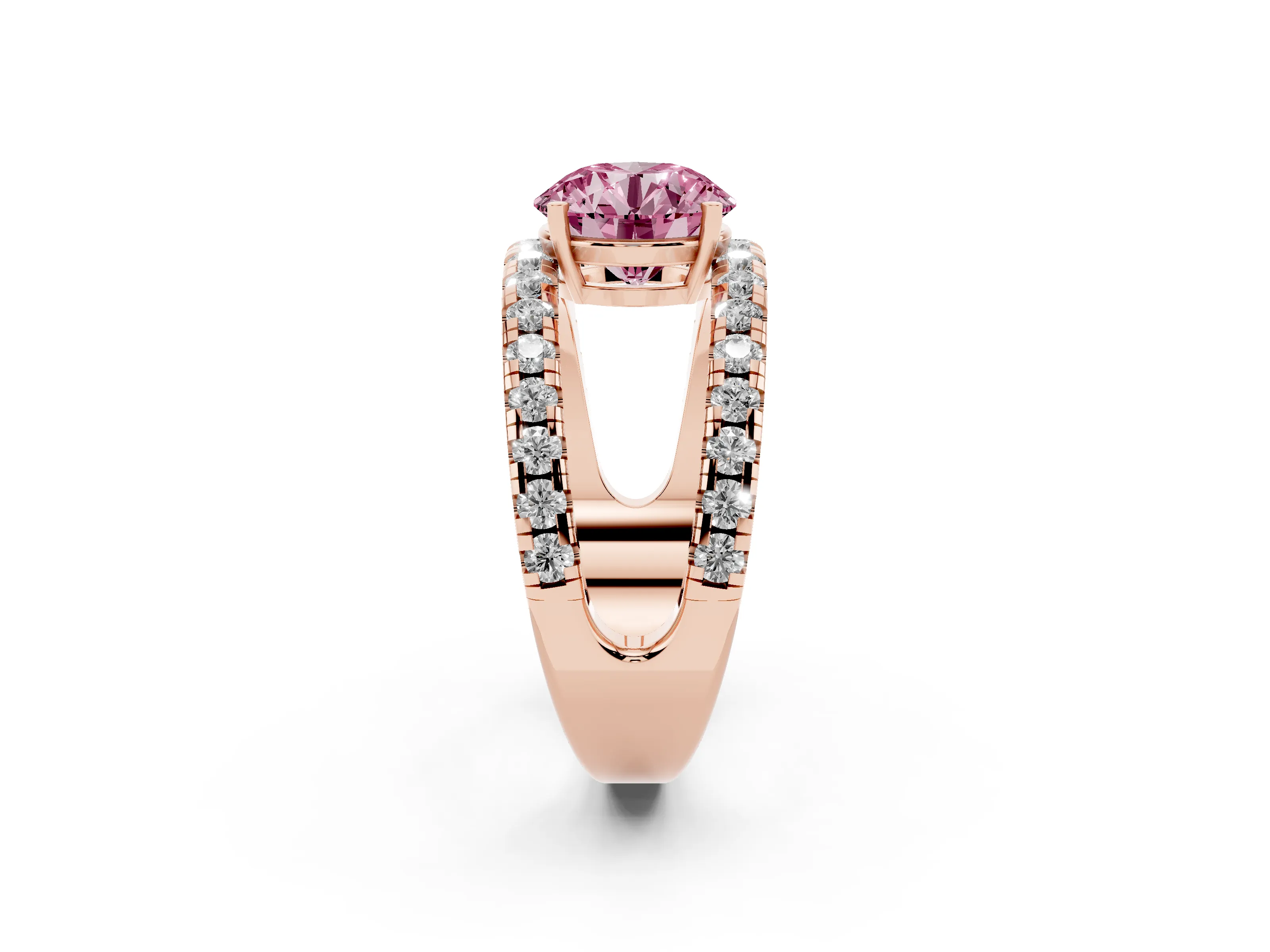 Fancy Pink Round Cut Diamond Split Shank Pavé Solitaire Ring Set in Rose gold with Open Shank Design