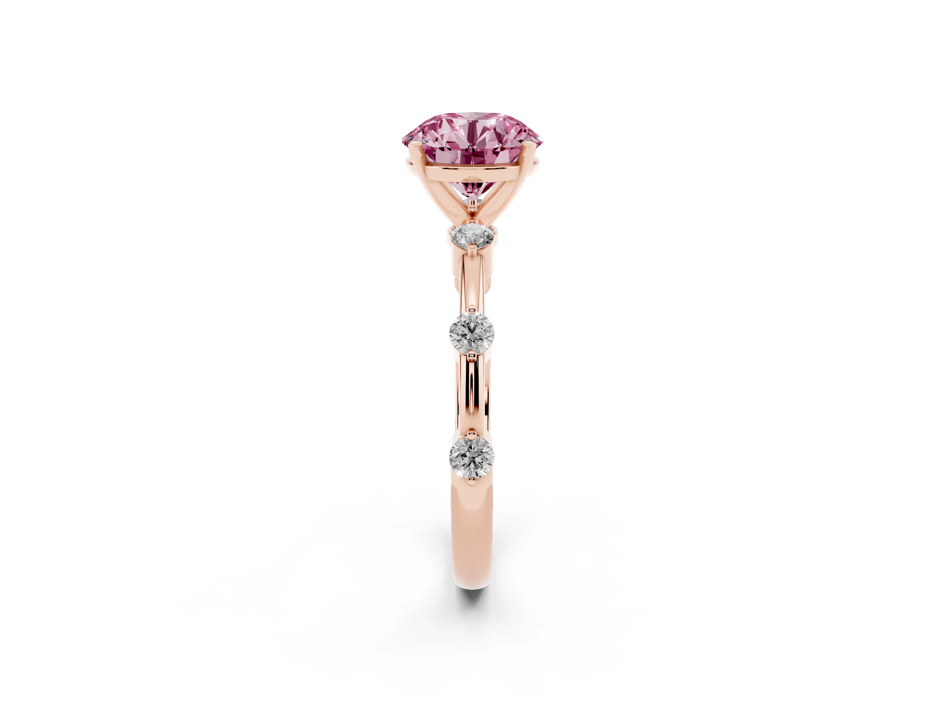 Fancy Pink Round Cut Diamond Solitaire Ring Set in Rose gold with Bezel Set Side Stones and Prong Setting