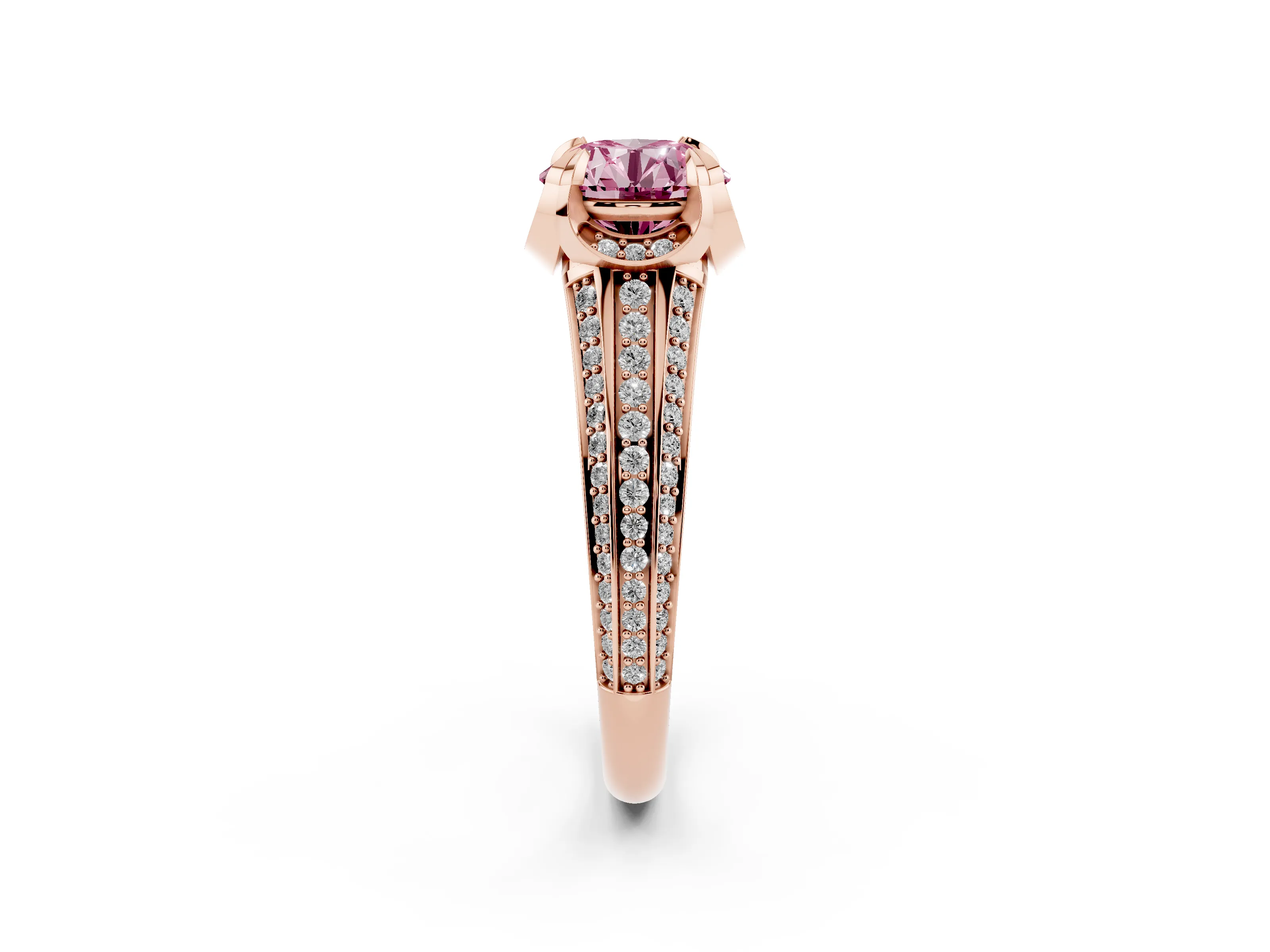 Fancy Pink Round Cut Diamond Pavé Split Shank Solitaire Ring Set in Rose gold with Prong Setting
