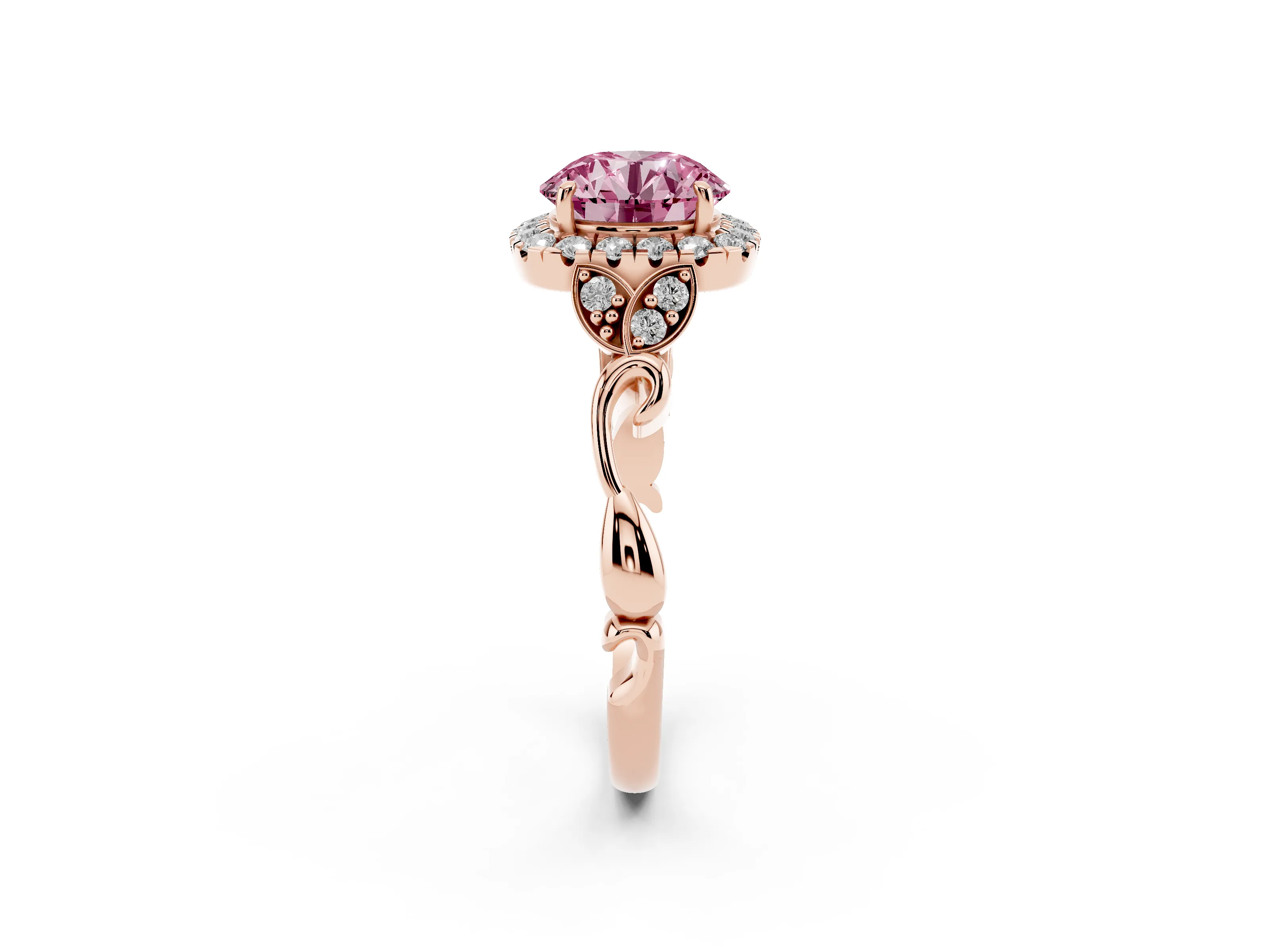 Fancy Pink Round Cut Diamond Halo Engagement Ring Set in Rose gold with Vintage-Inspired Band and Prong Setting