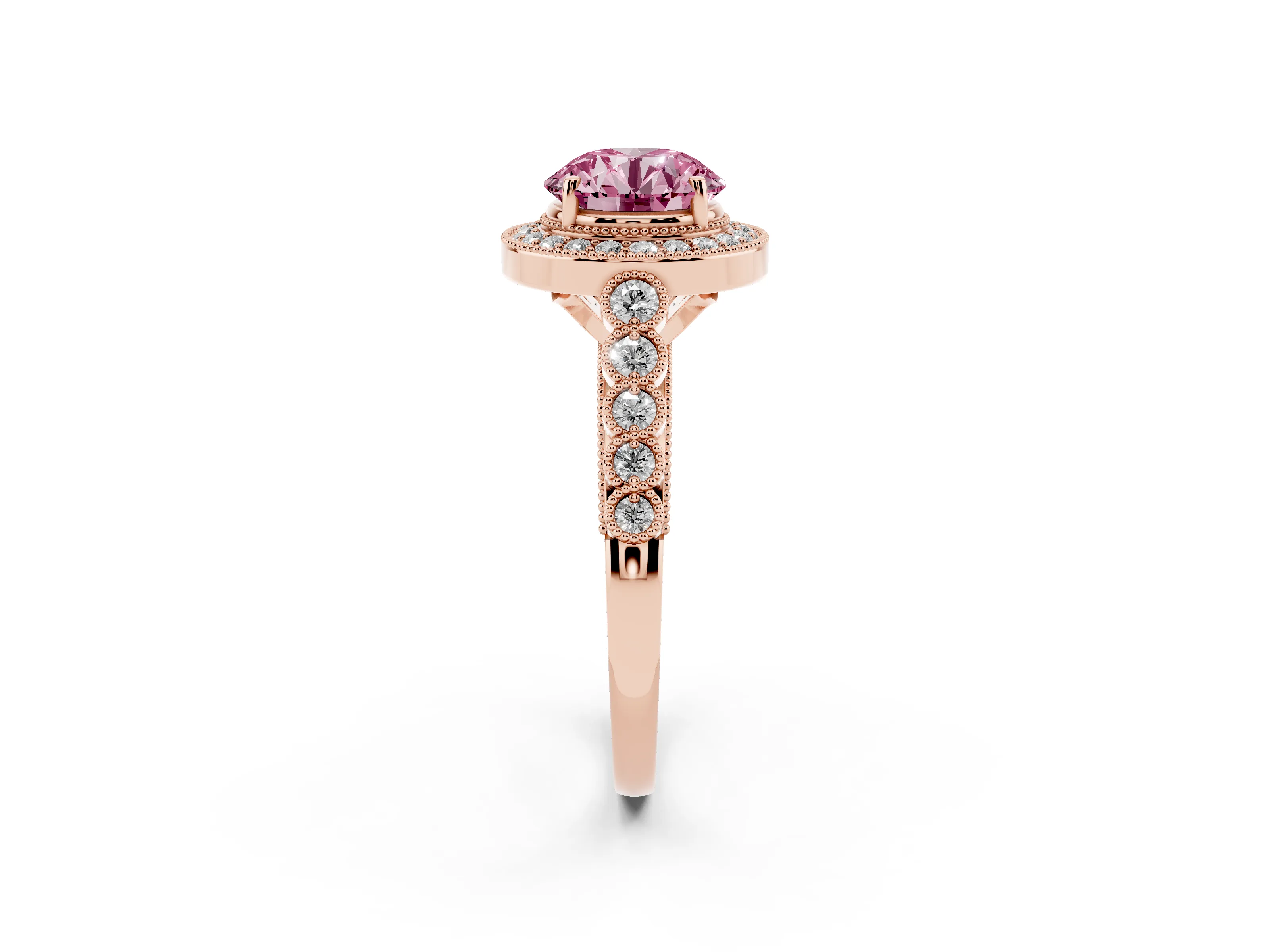 Fancy Pink Round Cut Diamond Milgrain Halo Solitaire Ring Set in Rose gold with Bezel Set Side Stones and Pavé Band