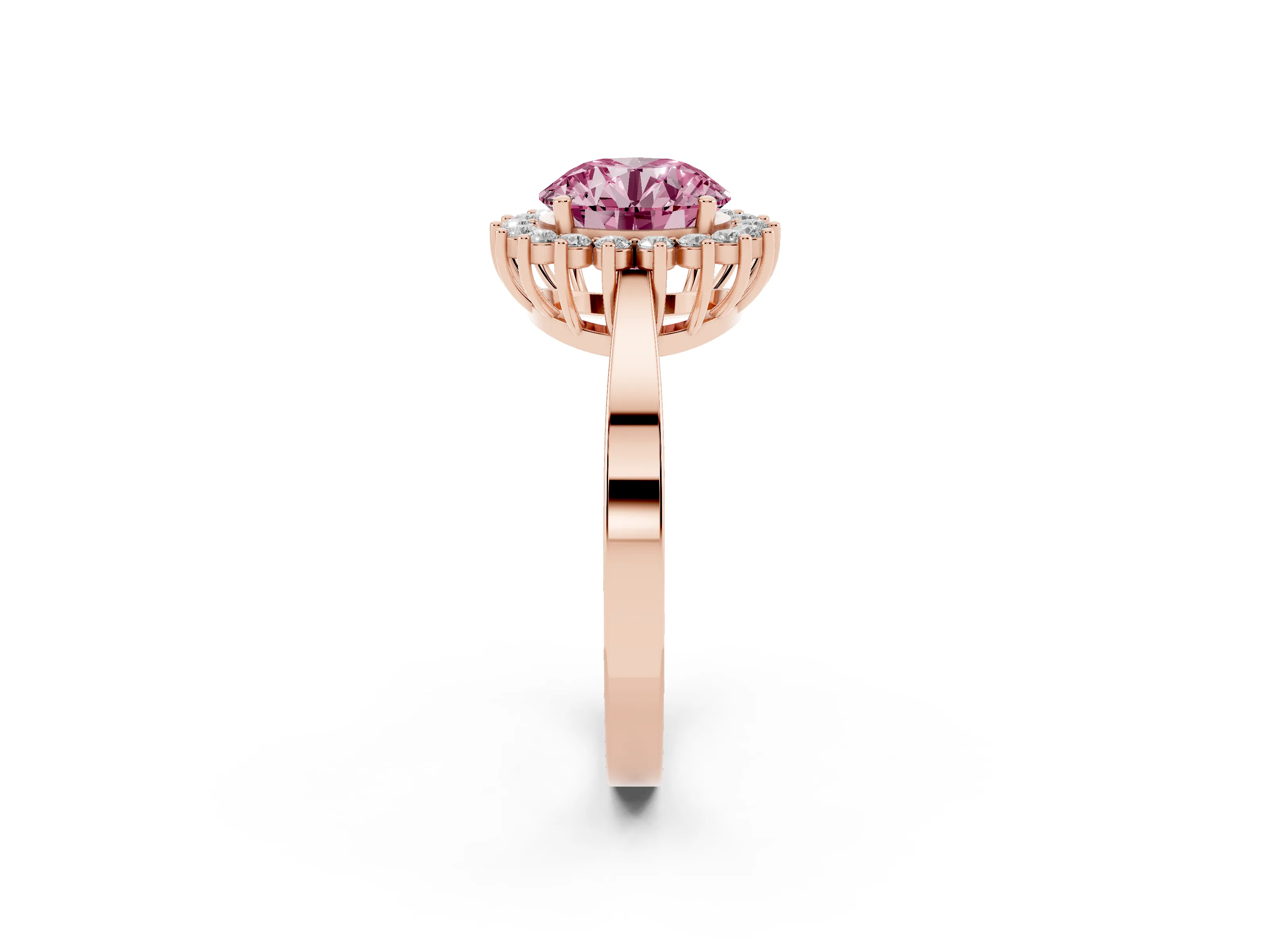 Fancy Pink Round Cut Diamond Halo Ring Set in Rose gold with Round Halo and Smooth Solitaire Band