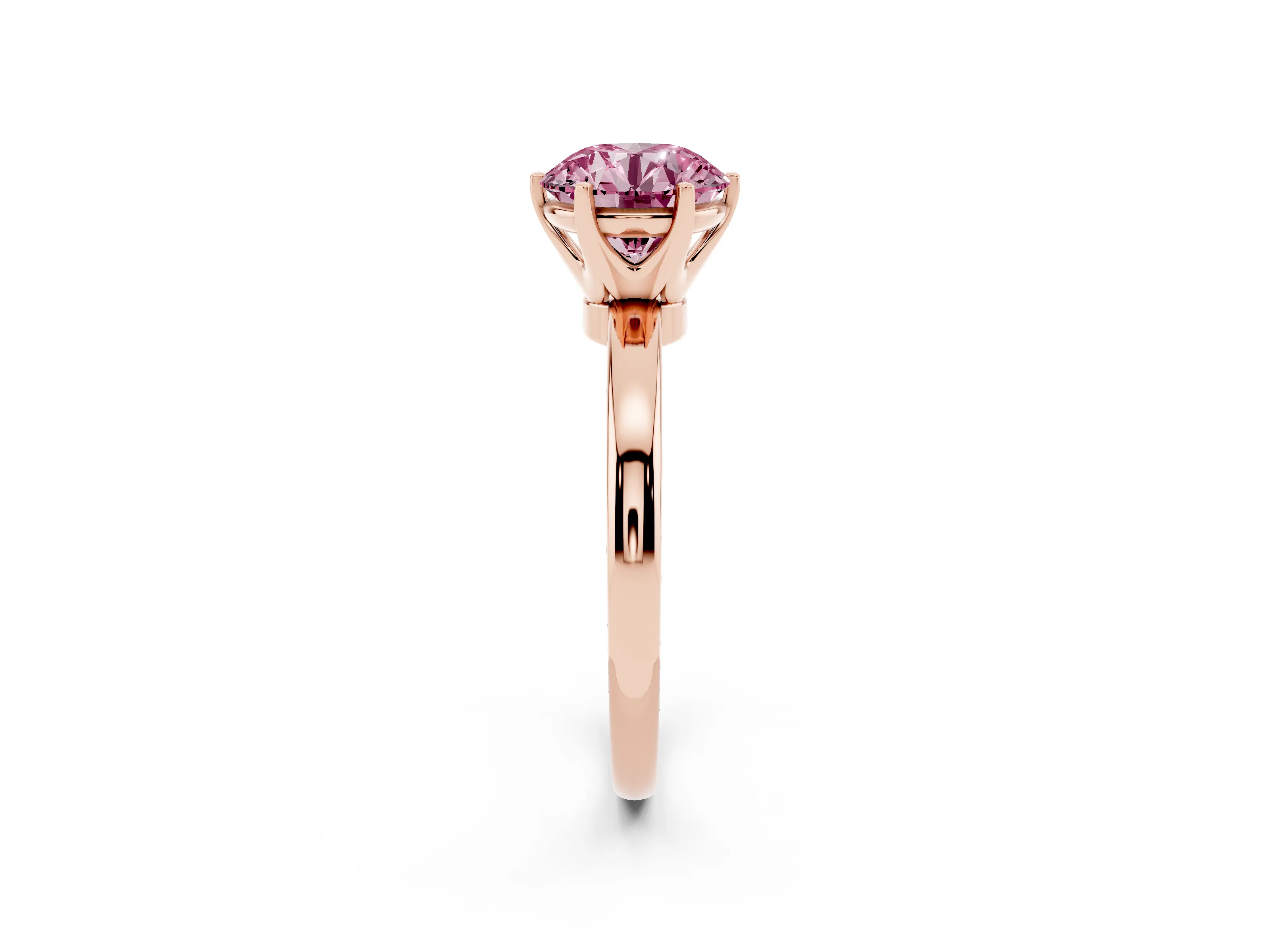 Fancy Pink Round Cut Diamond Solitaire Ring Set in Rose gold with Raised Prong Setting on a Classic Band